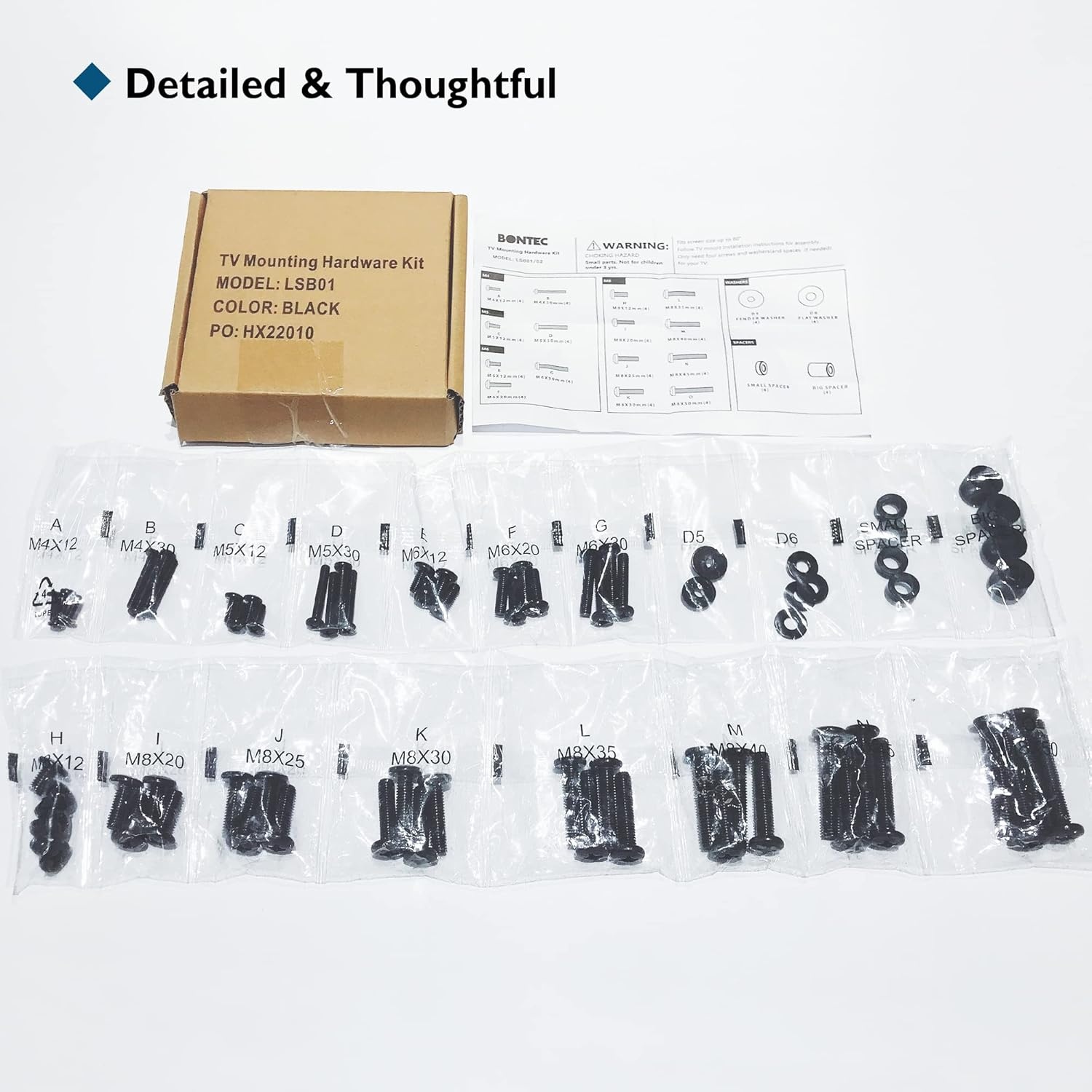 image:imageBONTEC Universal TV Mounting Hardware Screw Kit Compatible with TVs Up to 80 inch Includes M4 M5 M6 M8 Screws Washers Spacers VESA Mounting Ceiling Mount TV Wall Mount Kit BlackBlack