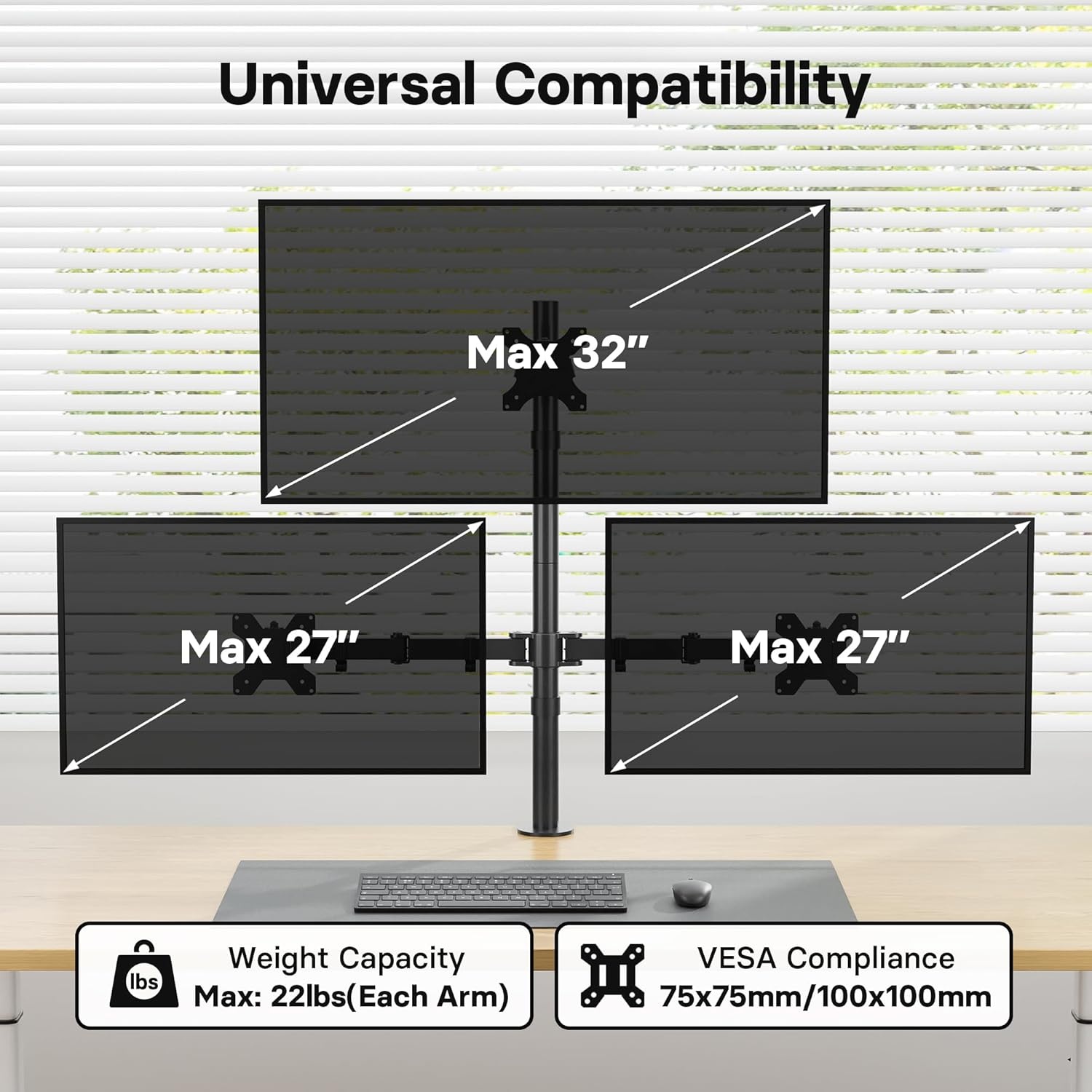 image:imageBONTEC Vertical Dual Monitor Desk Mount Supports 1334 Inch Screens Full Motion Adjustability VESA 75x75100x100mm Up to 22lbs per Arm C Clamp and Grommet Mounting Options Cable ManagementTriple Monitor
