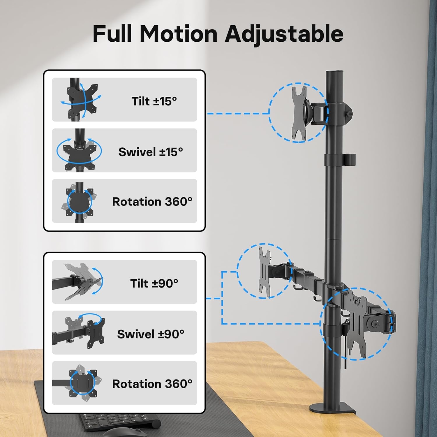 image:imageBONTEC Vertical Dual Monitor Desk Mount Supports 1334 Inch Screens Full Motion Adjustability VESA 75x75100x100mm Up to 22lbs per Arm C Clamp and Grommet Mounting Options Cable ManagementTriple Monitor