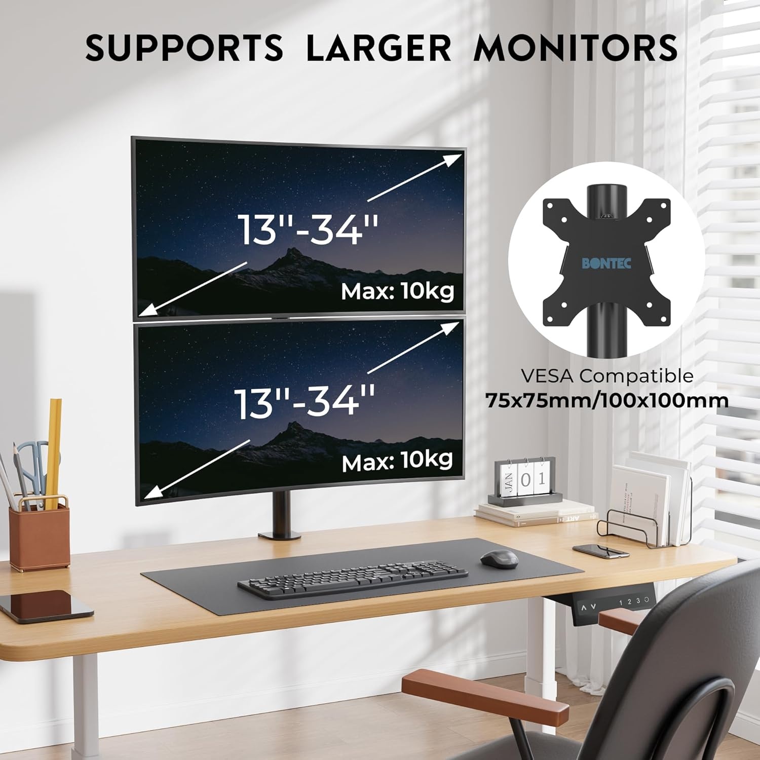 image:imageBONTEC Vertical Dual Monitor Desk Mount Supports 1334 Inch Screens Full Motion Adjustability VESA 75x75100x100mm Up to 22lbs per Arm C Clamp and Grommet Mounting Options Cable ManagementDual Monitor