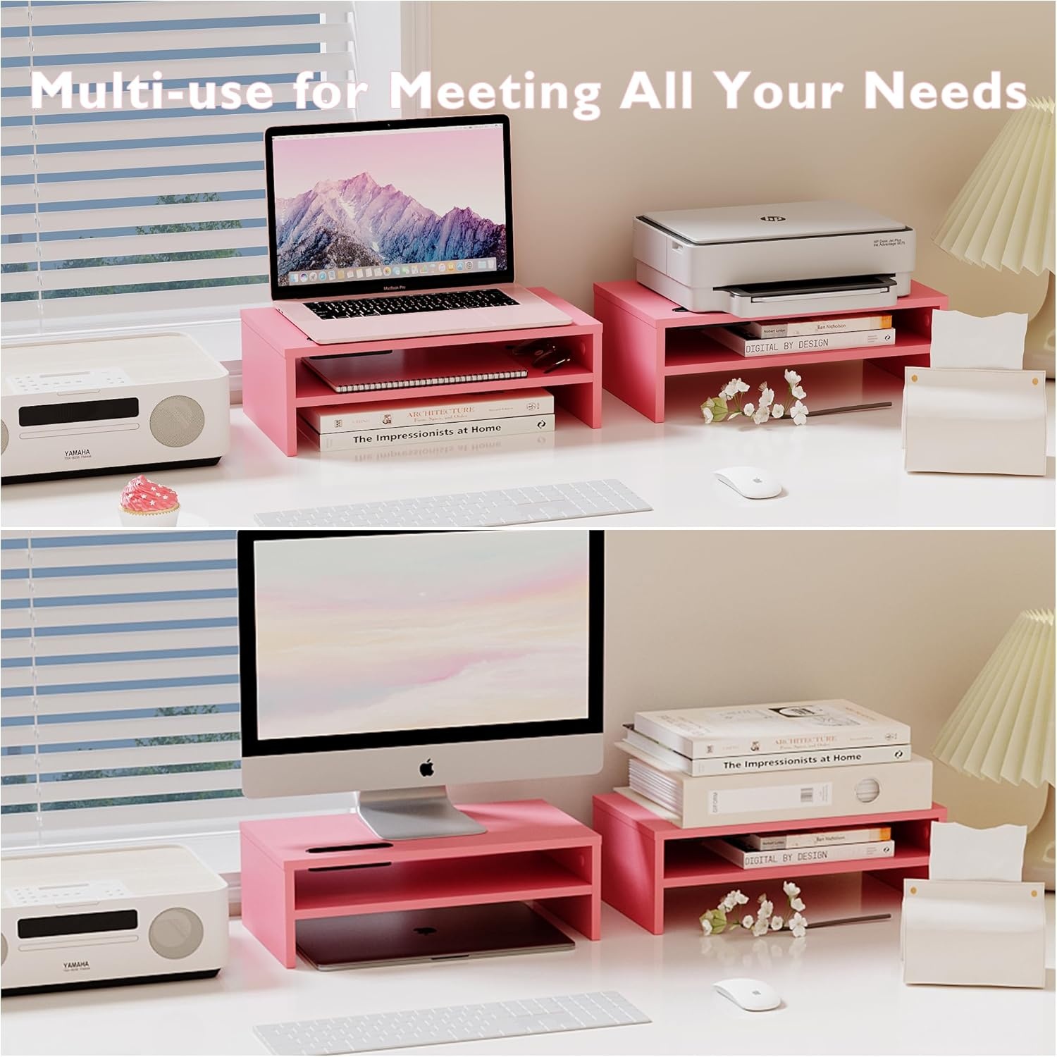 image:imageBONTEC Wood Monitor Stand Riser 2Tier Desktop Organizer with Storage Ergonomic Computer Stand for Desk Cable Management Cellphone Holder 213 Inch Shelf BlackPink