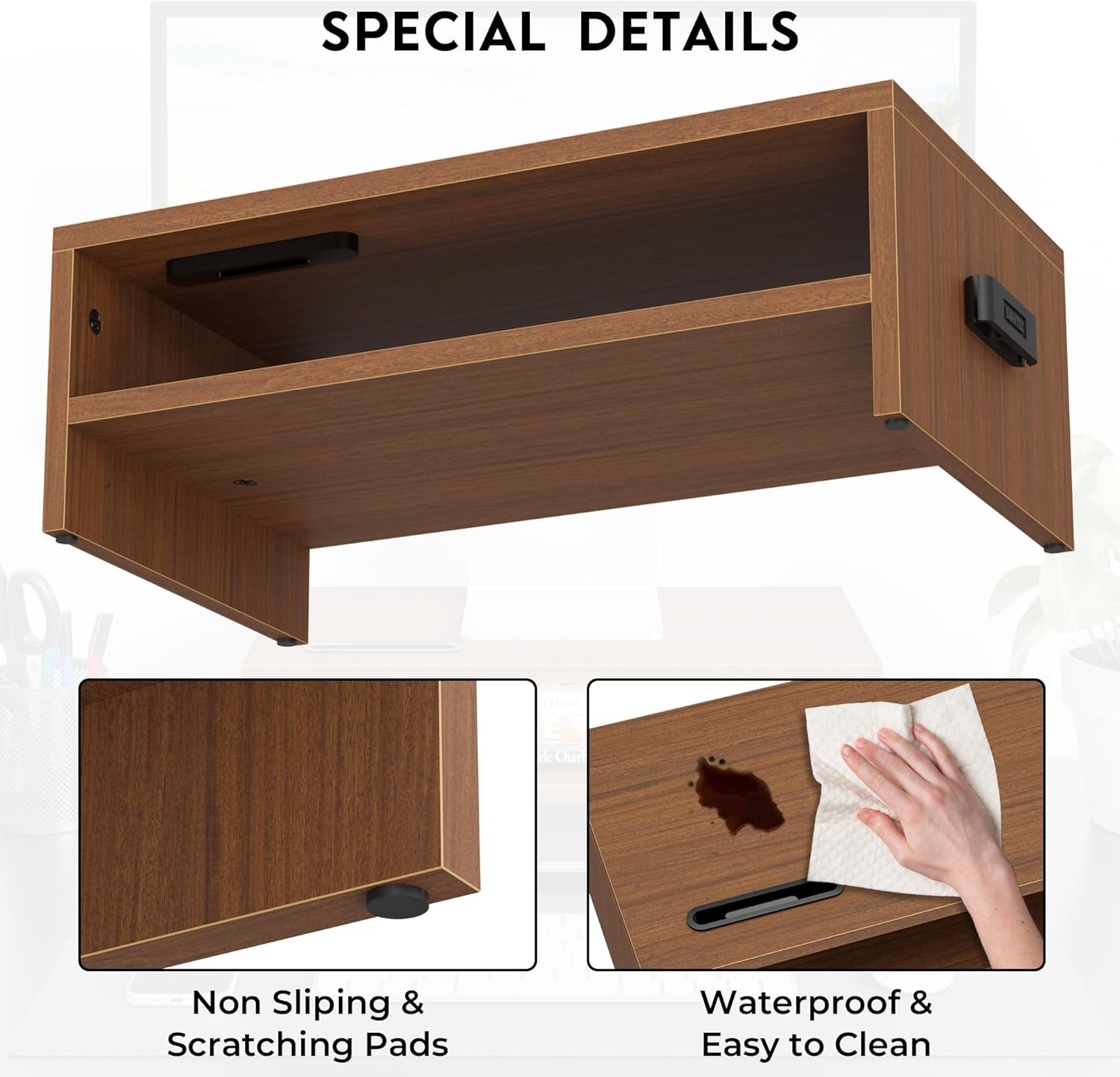 image:imageBONTEC Wood Monitor Stand Riser 2Tier Desktop Organizer with Storage Ergonomic Computer Stand for Desk Cable Management Cellphone Holder 213 Inch Shelf BlackWalnut