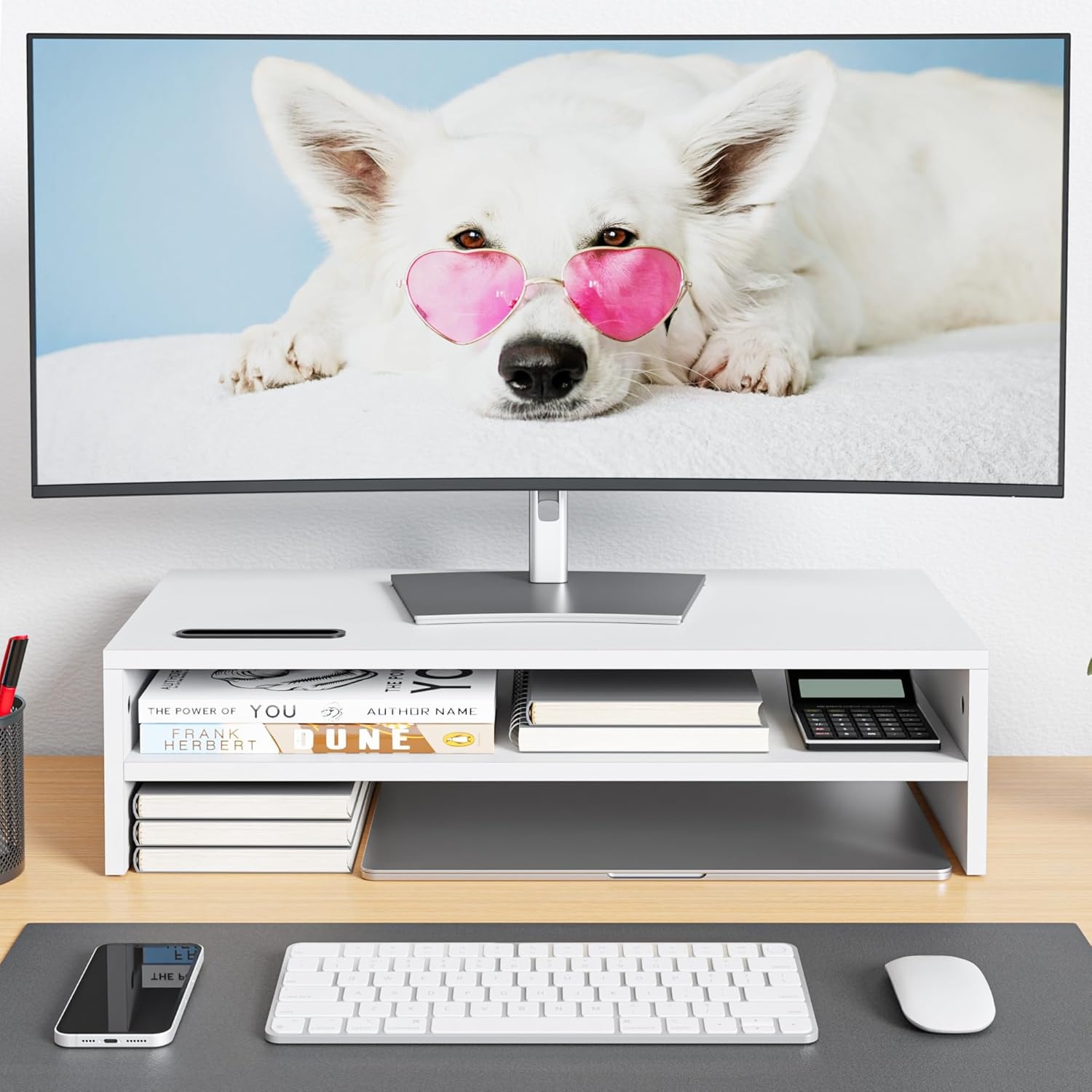 image:imageBONTEC Wood Monitor Stand Riser 2Tier Desktop Organizer with Storage Ergonomic Computer Stand for Desk Cable Management Cellphone Holder 213 Inch Shelf BlackWhite