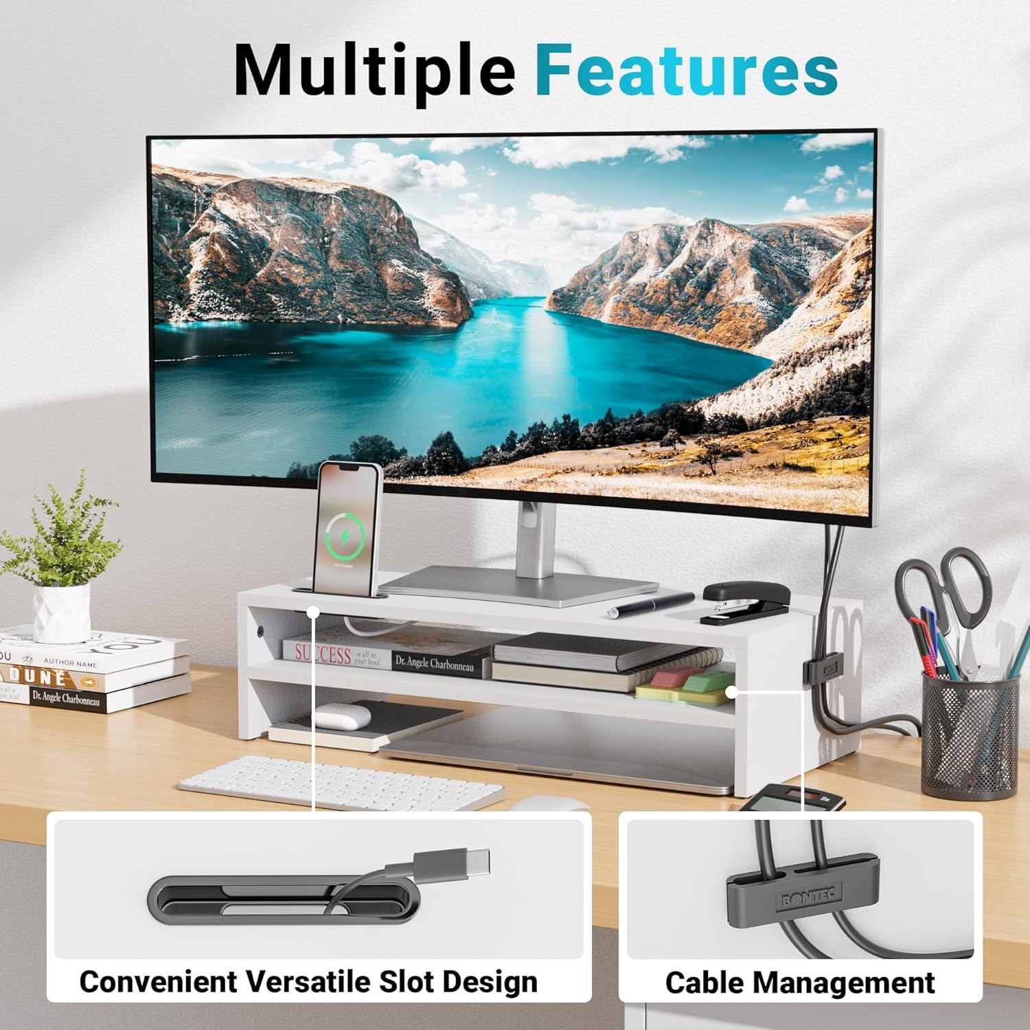 image:imageBONTEC Wood Monitor Stand Riser 2Tier Desktop Organizer with Storage Ergonomic Computer Stand for Desk Cable Management Cellphone Holder 213 Inch Shelf BlackWhite