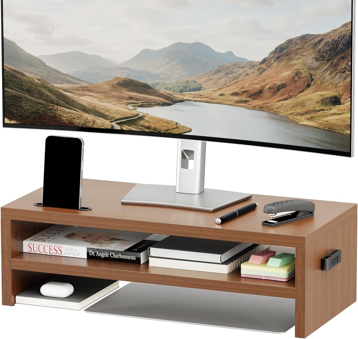 image:imageBONTEC Wood Monitor Stand Riser 2Tier Desktop Organizer with Storage Ergonomic Computer Stand for Desk Cable Management Cellphone Holder 213 Inch Shelf BlackWalnut