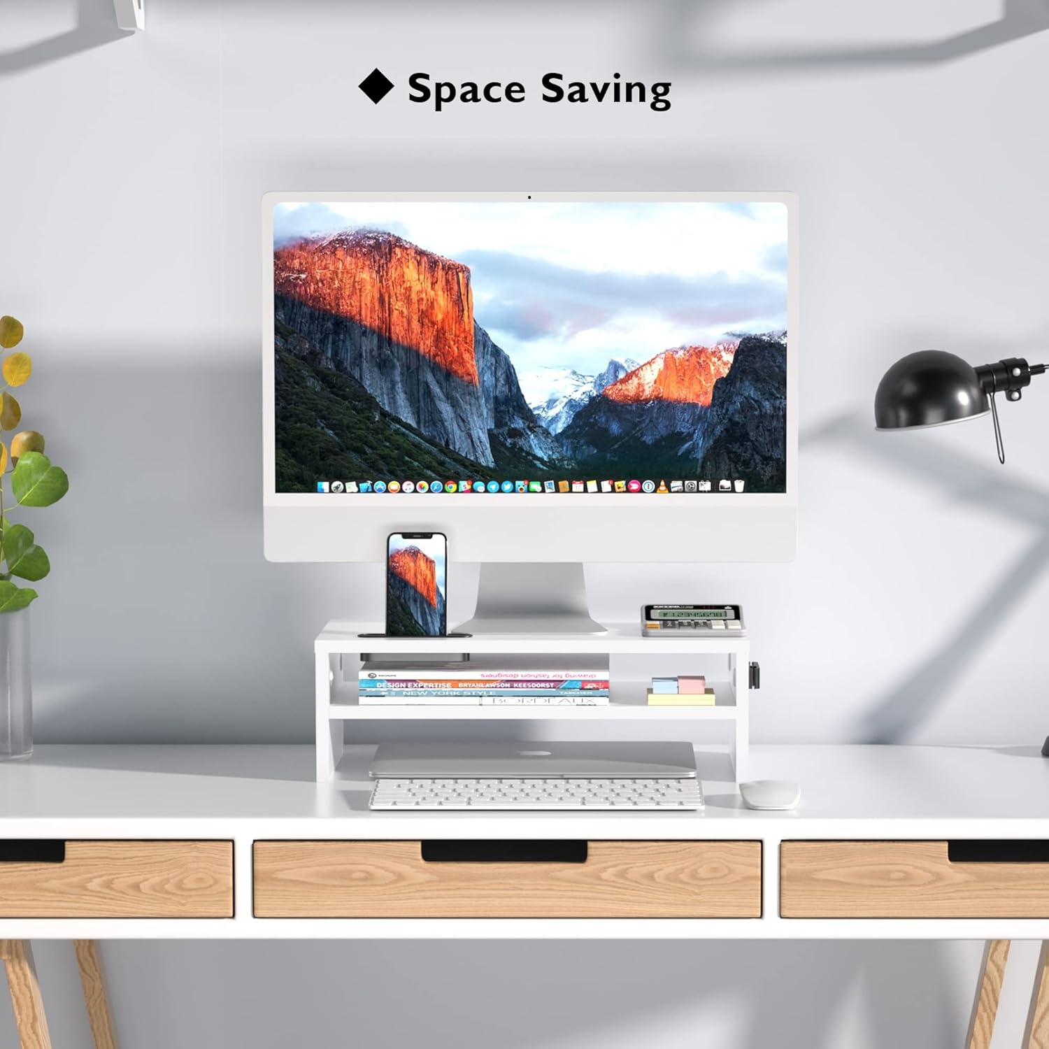 image:imageBONTEC Wood Monitor Stand Riser 2Tier Desktop Organizer with Storage Ergonomic Computer Stand for Desk Cable Management Cellphone Holder 213 Inch Shelf BlackWhite