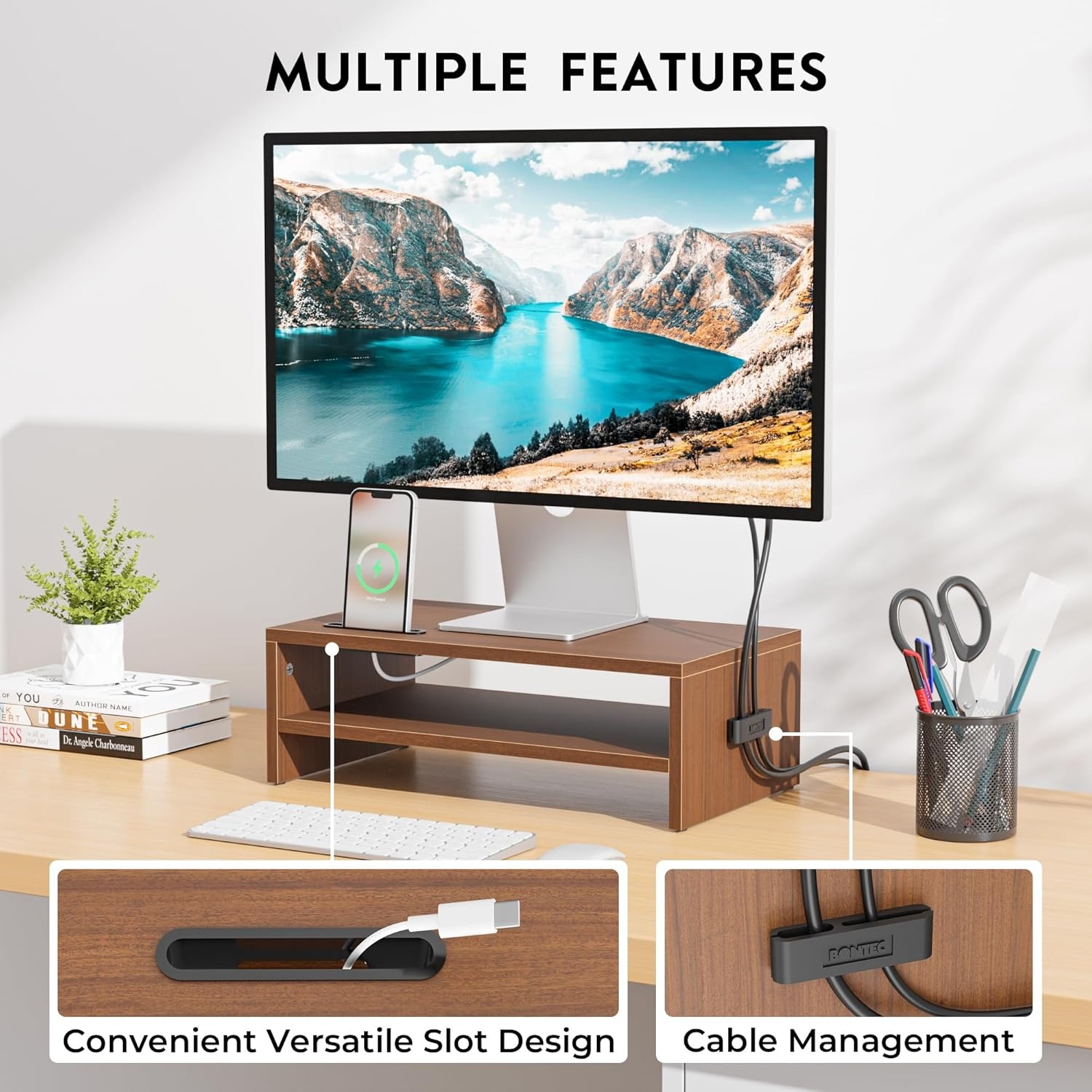 image:imageBONTEC Wood Monitor Stand Riser 2Tier Desktop Organizer with Storage Ergonomic Computer Stand for Desk Cable Management Cellphone Holder 213 Inch Shelf BlackWalnut