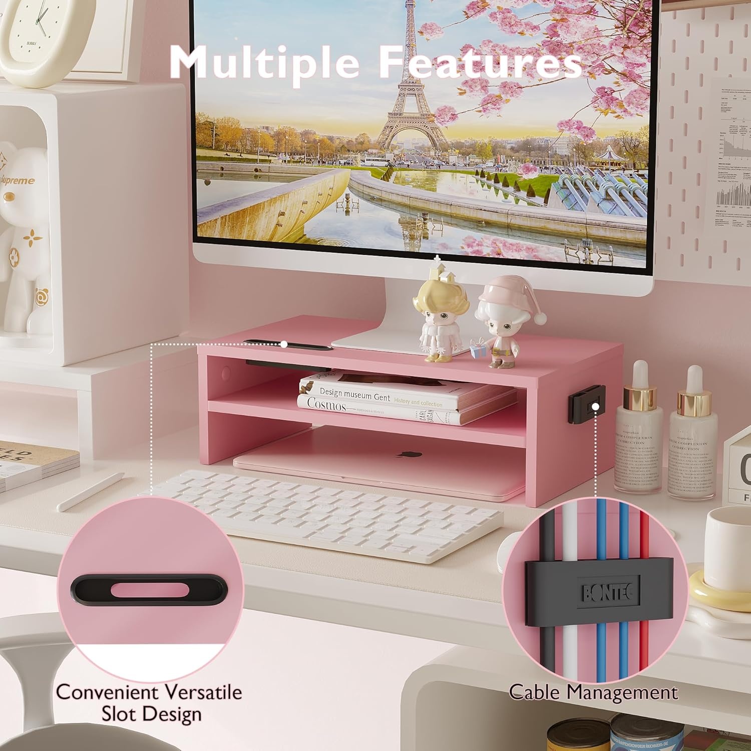 image:imageBONTEC Wood Monitor Stand Riser 2Tier Desktop Organizer with Storage Ergonomic Computer Stand for Desk Cable Management Cellphone Holder 213 Inch Shelf BlackPink