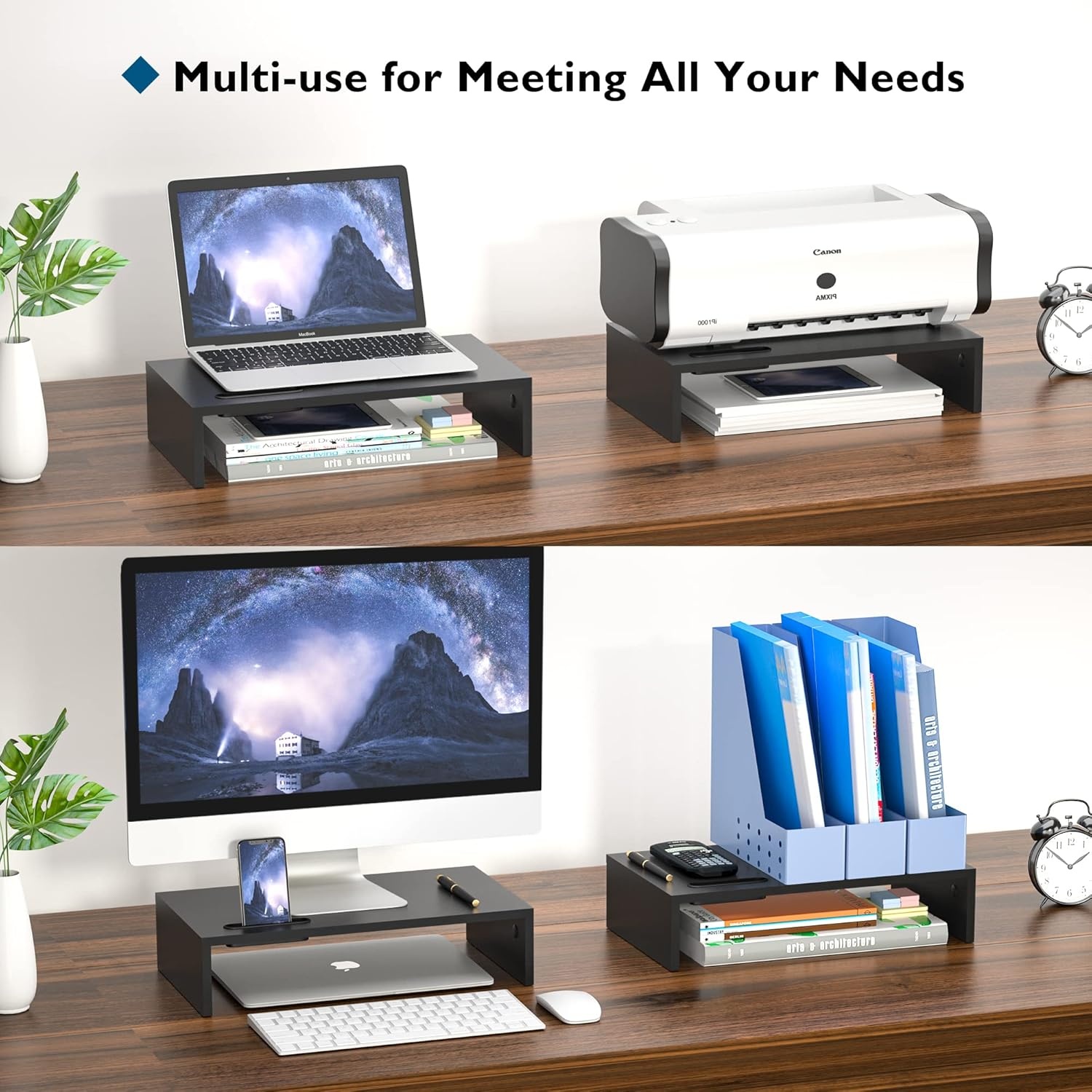 image:imageBONTEC Wood Monitor Stand Riser 2Tier Desktop Organizer with Storage Ergonomic Computer Stand for Desk Cable Management Cellphone Holder 213 Inch Shelf Blackblack