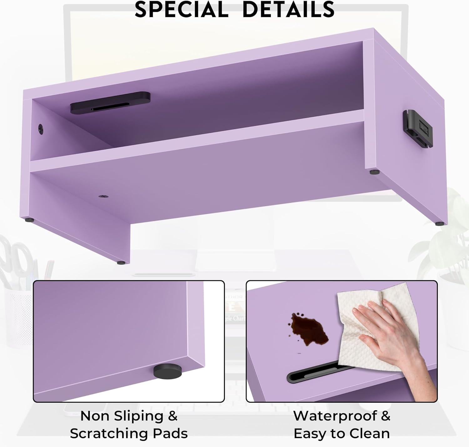 image:imageBONTEC Wood Monitor Stand Riser 2Tier Desktop Organizer with Storage Ergonomic Computer Stand for Desk Cable Management Cellphone Holder 213 Inch Shelf BlackPURPLE