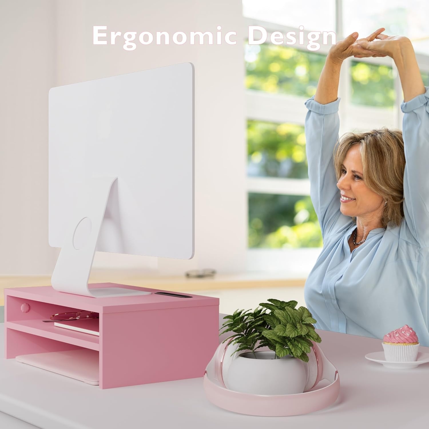 image:imageBONTEC Wood Monitor Stand Riser 2Tier Desktop Organizer with Storage Ergonomic Computer Stand for Desk Cable Management Cellphone Holder 213 Inch Shelf BlackPink