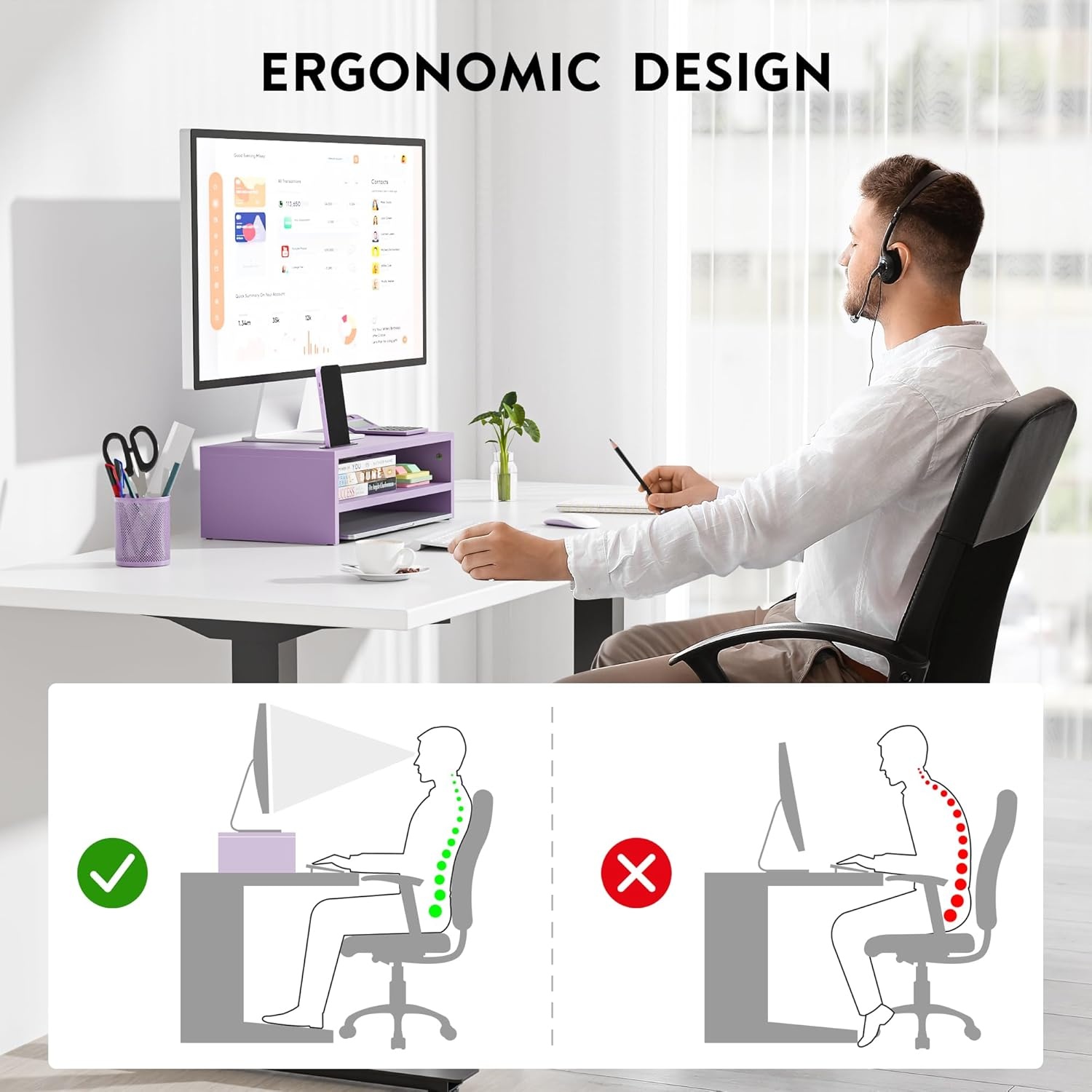 image:imageBONTEC Wood Monitor Stand Riser 2Tier Desktop Organizer with Storage Ergonomic Computer Stand for Desk Cable Management Cellphone Holder 213 Inch Shelf BlackPURPLE