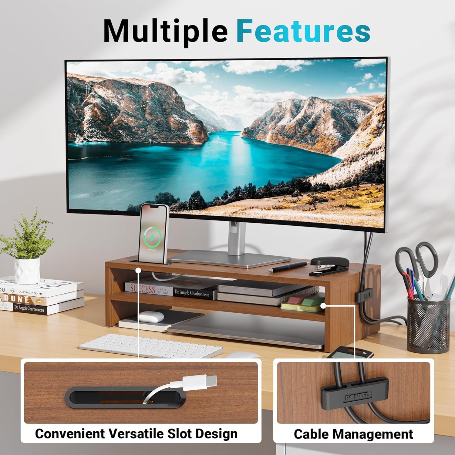 image:imageBONTEC Wood Monitor Stand Riser 2Tier Desktop Organizer with Storage Ergonomic Computer Stand for Desk Cable Management Cellphone Holder 213 Inch Shelf BlackWalnut