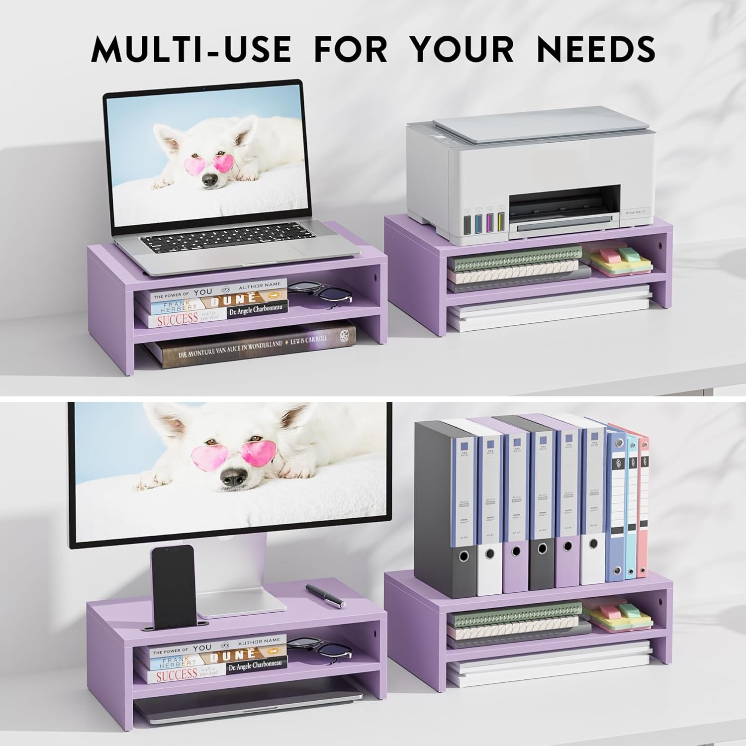 image:imageBONTEC Wood Monitor Stand Riser 2Tier Desktop Organizer with Storage Ergonomic Computer Stand for Desk Cable Management Cellphone Holder 213 Inch Shelf BlackPURPLE