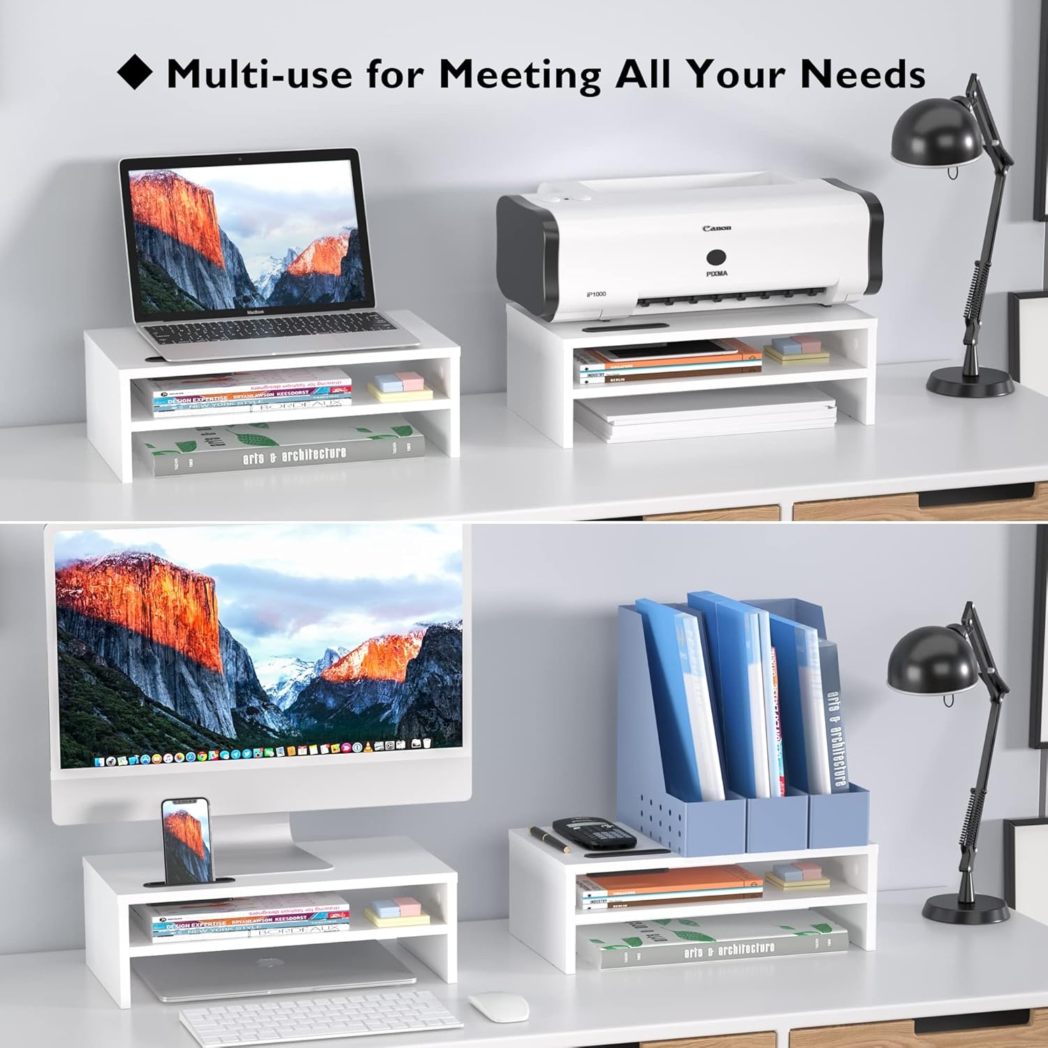 image:imageBONTEC Wood Monitor Stand Riser 2Tier Desktop Organizer with Storage Ergonomic Computer Stand for Desk Cable Management Cellphone Holder 213 Inch Shelf BlackWhite
