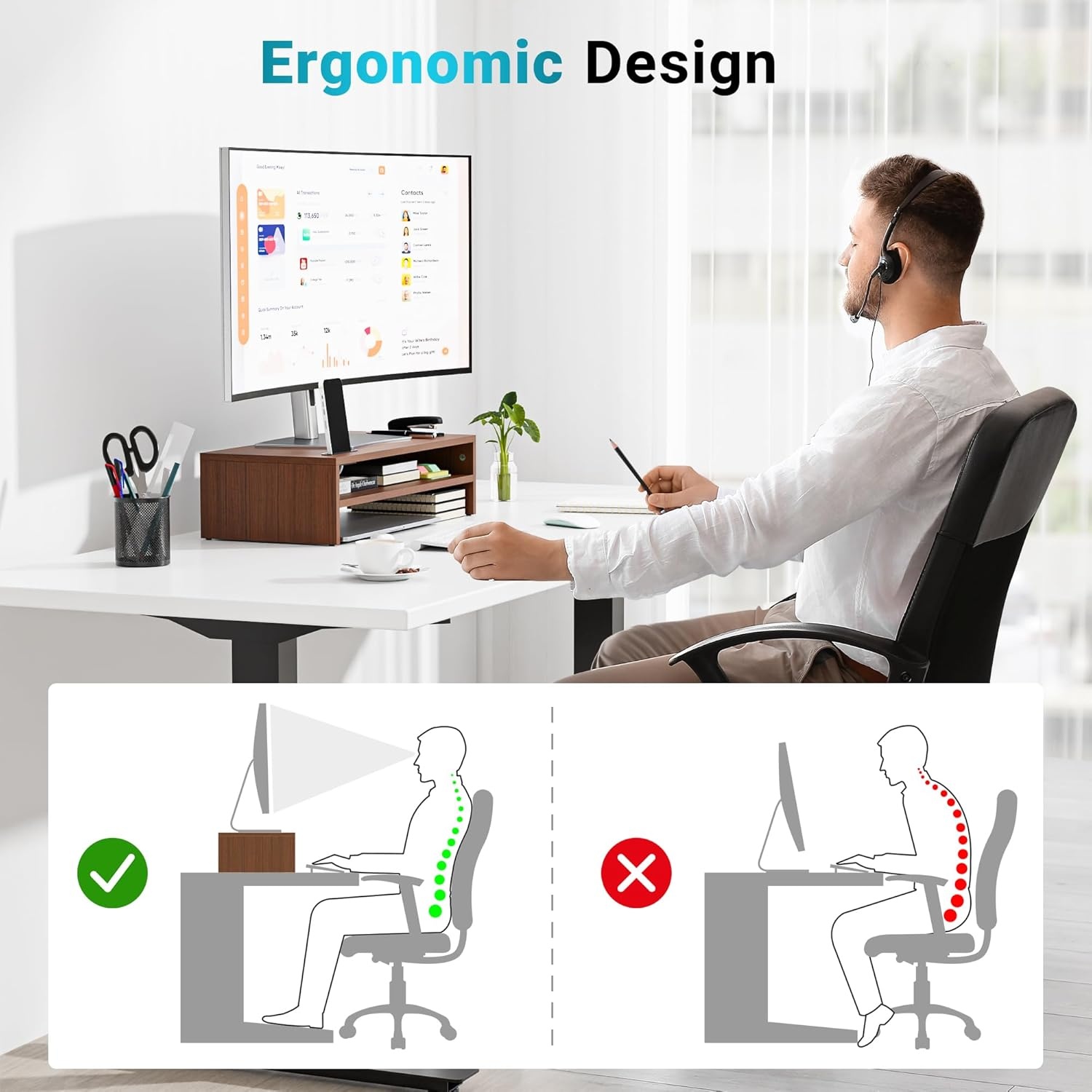 image:imageBONTEC Wood Monitor Stand Riser 2Tier Desktop Organizer with Storage Ergonomic Computer Stand for Desk Cable Management Cellphone Holder 213 Inch Shelf BlackWalnut