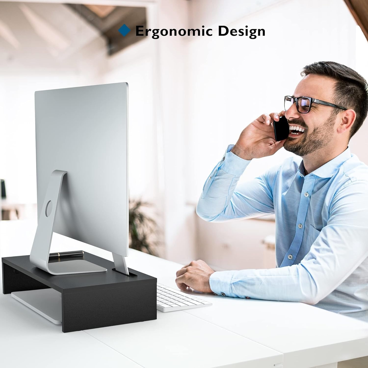 image:imageBONTEC Wood Monitor Stand Riser 2Tier Desktop Organizer with Storage Ergonomic Computer Stand for Desk Cable Management Cellphone Holder 213 Inch Shelf Blackblack