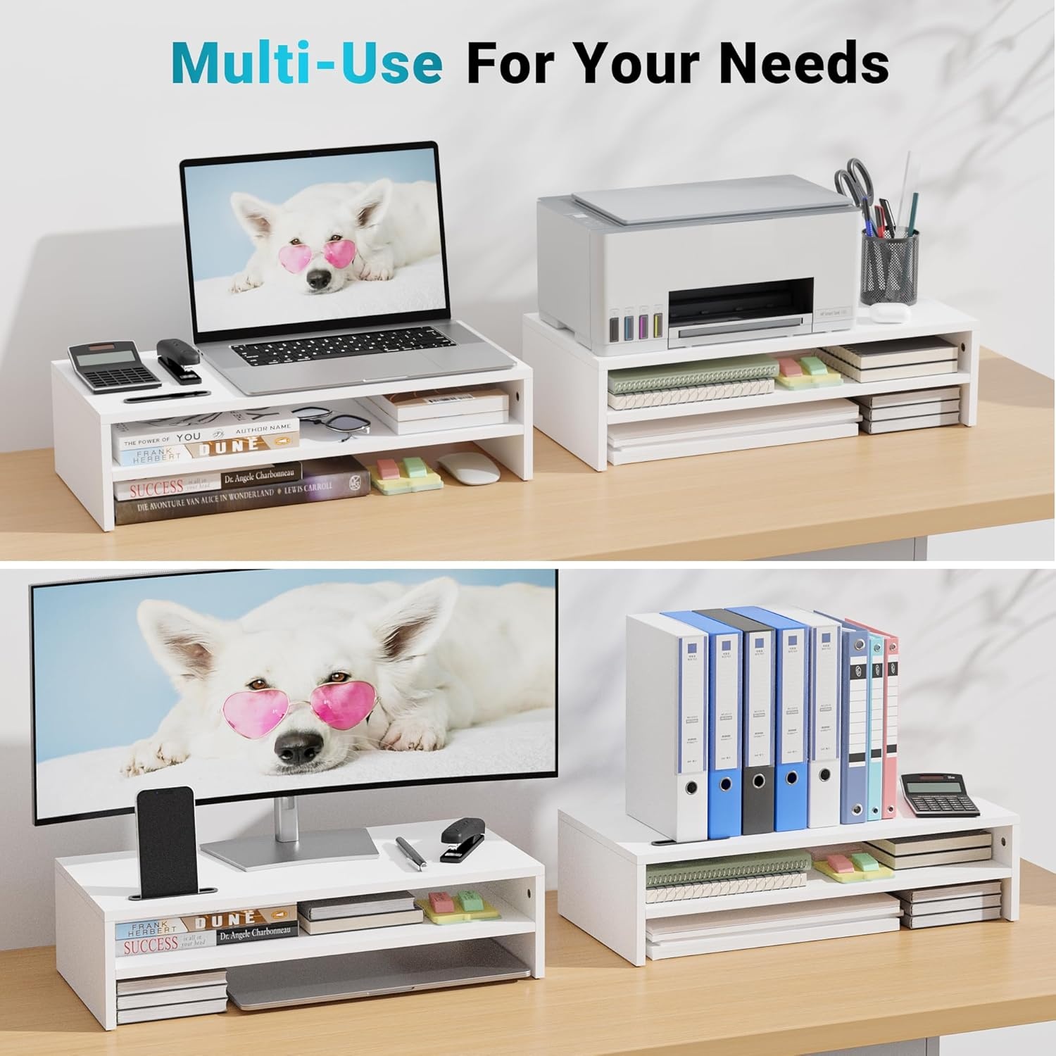 image:imageBONTEC Wood Monitor Stand Riser 2Tier Desktop Organizer with Storage Ergonomic Computer Stand for Desk Cable Management Cellphone Holder 213 Inch Shelf BlackWhite