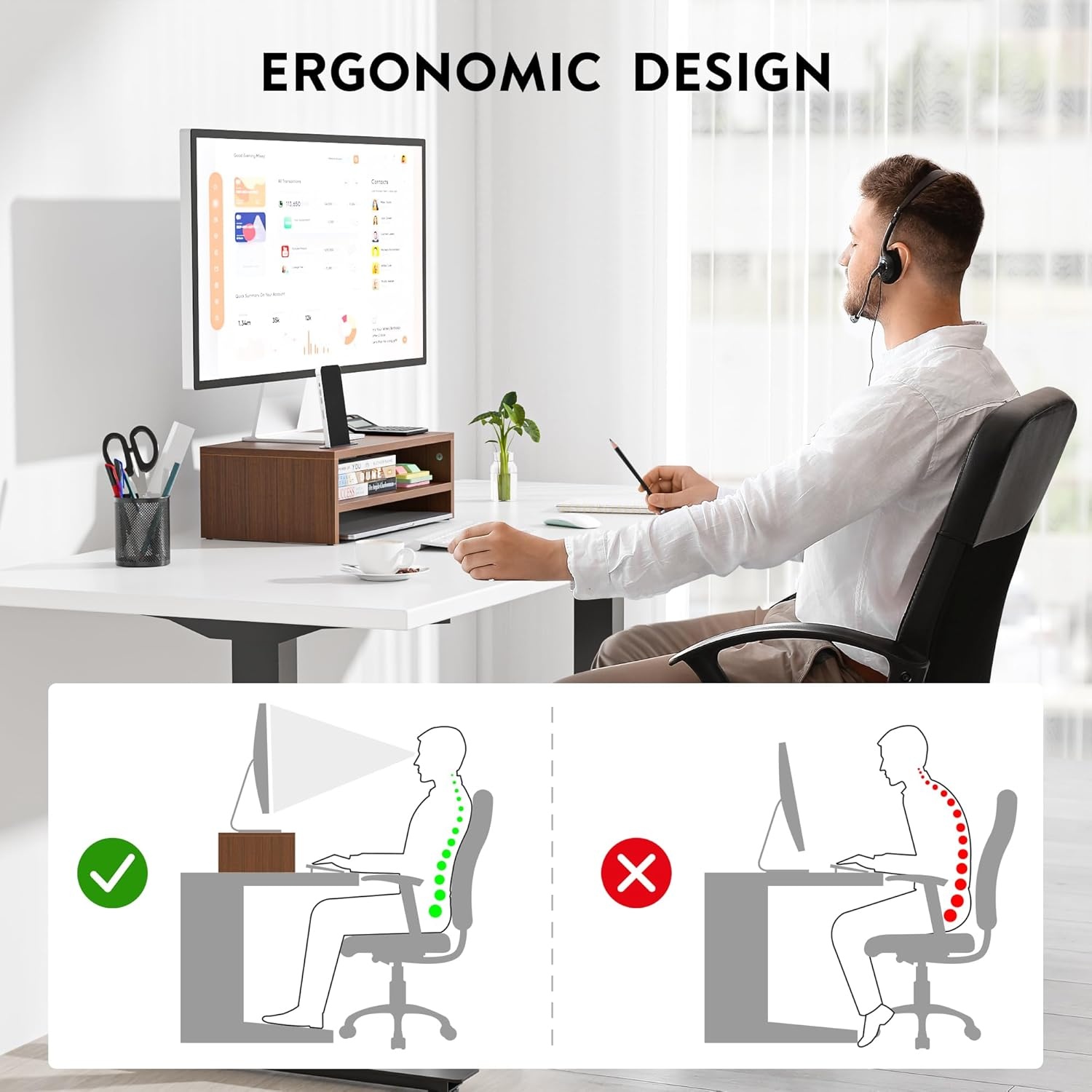 image:imageBONTEC Wood Monitor Stand Riser 2Tier Desktop Organizer with Storage Ergonomic Computer Stand for Desk Cable Management Cellphone Holder 213 Inch Shelf BlackWalnut