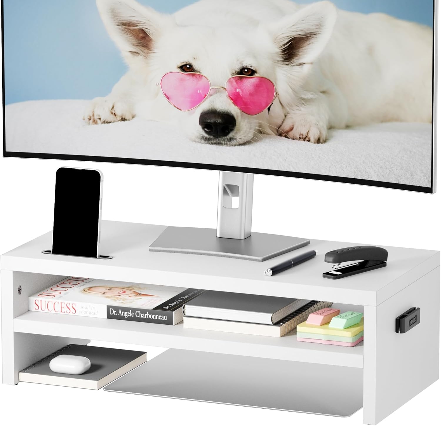 image:imageBONTEC Wood Monitor Stand Riser 2Tier Desktop Organizer with Storage Ergonomic Computer Stand for Desk Cable Management Cellphone Holder 213 Inch Shelf BlackWhite