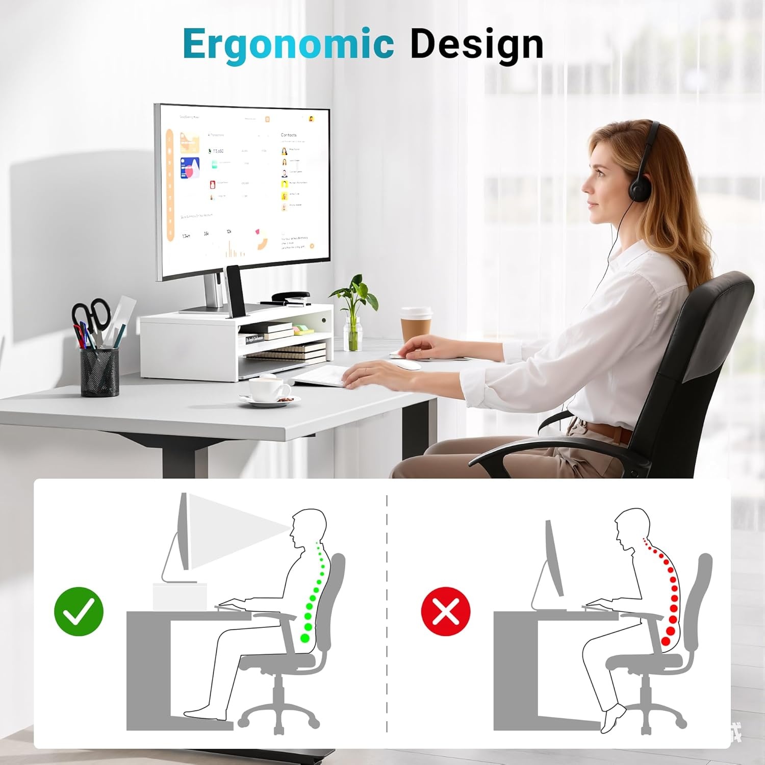 image:imageBONTEC Wood Monitor Stand Riser 2Tier Desktop Organizer with Storage Ergonomic Computer Stand for Desk Cable Management Cellphone Holder 213 Inch Shelf BlackWhite