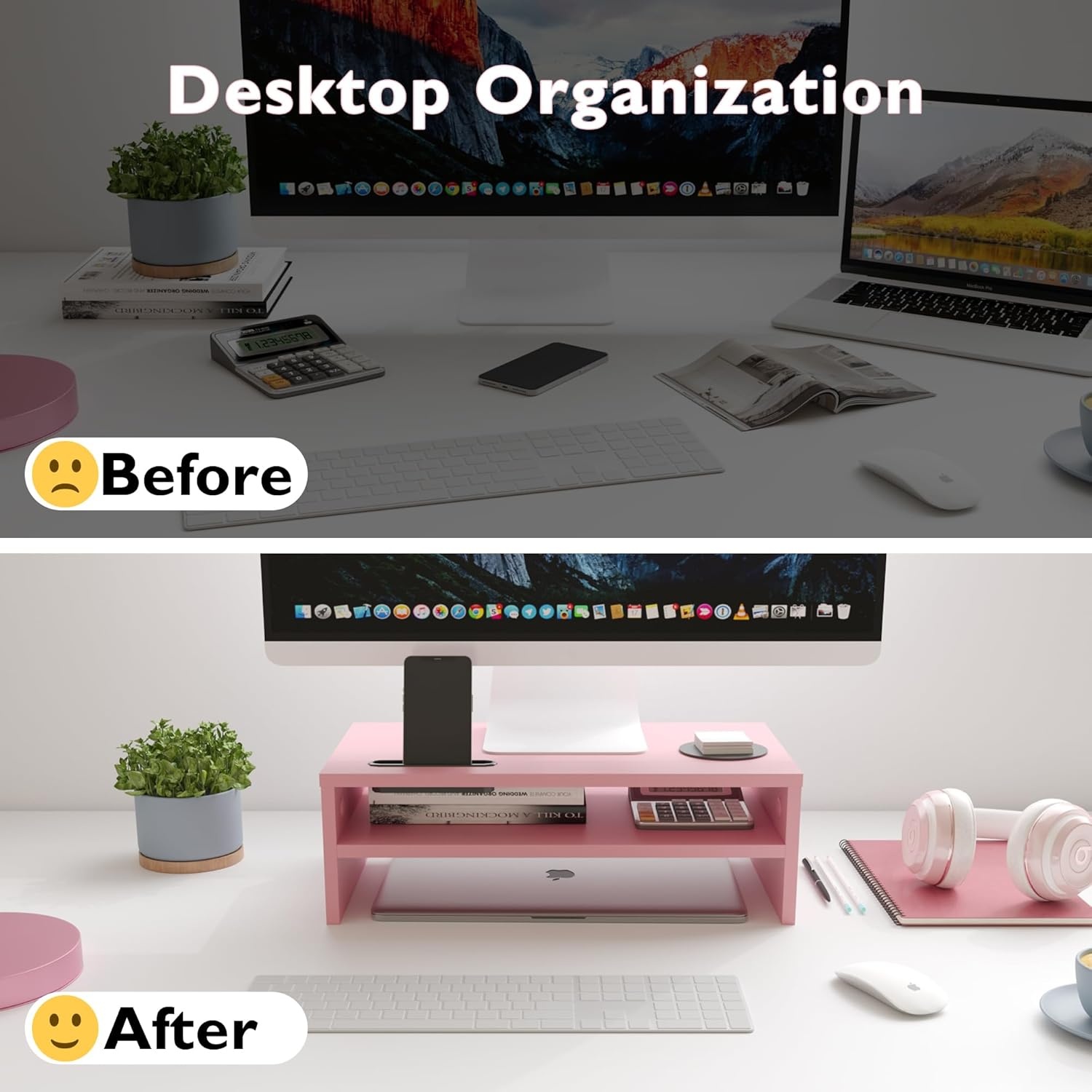 image:imageBONTEC Wood Monitor Stand Riser 2Tier Desktop Organizer with Storage Ergonomic Computer Stand for Desk Cable Management Cellphone Holder 213 Inch Shelf BlackPink