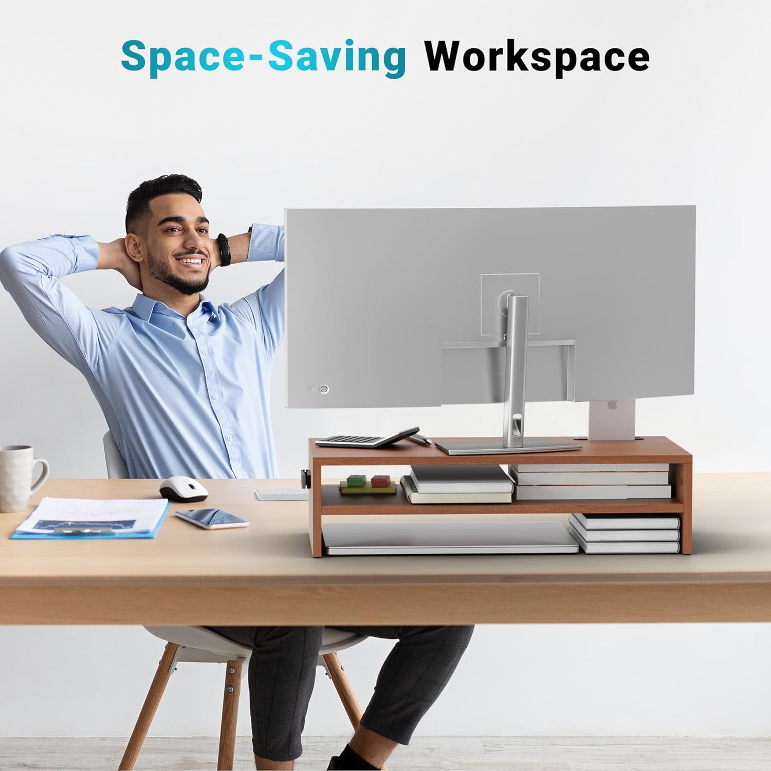 image:imageBONTEC Wood Monitor Stand Riser 2Tier Desktop Organizer with Storage Ergonomic Computer Stand for Desk Cable Management Cellphone Holder 213 Inch Shelf BlackWalnut
