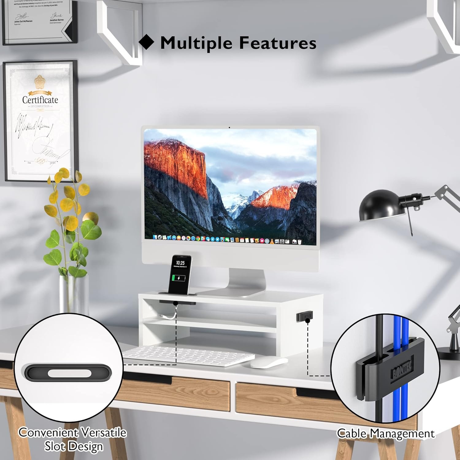 image:imageBONTEC Wood Monitor Stand Riser 2Tier Desktop Organizer with Storage Ergonomic Computer Stand for Desk Cable Management Cellphone Holder 213 Inch Shelf BlackWhite