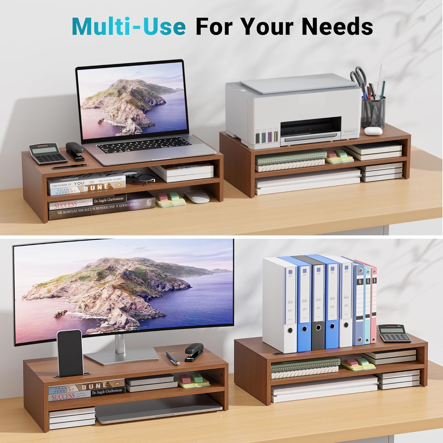 image:imageBONTEC Wood Monitor Stand Riser 2Tier Desktop Organizer with Storage Ergonomic Computer Stand for Desk Cable Management Cellphone Holder 213 Inch Shelf BlackWalnut