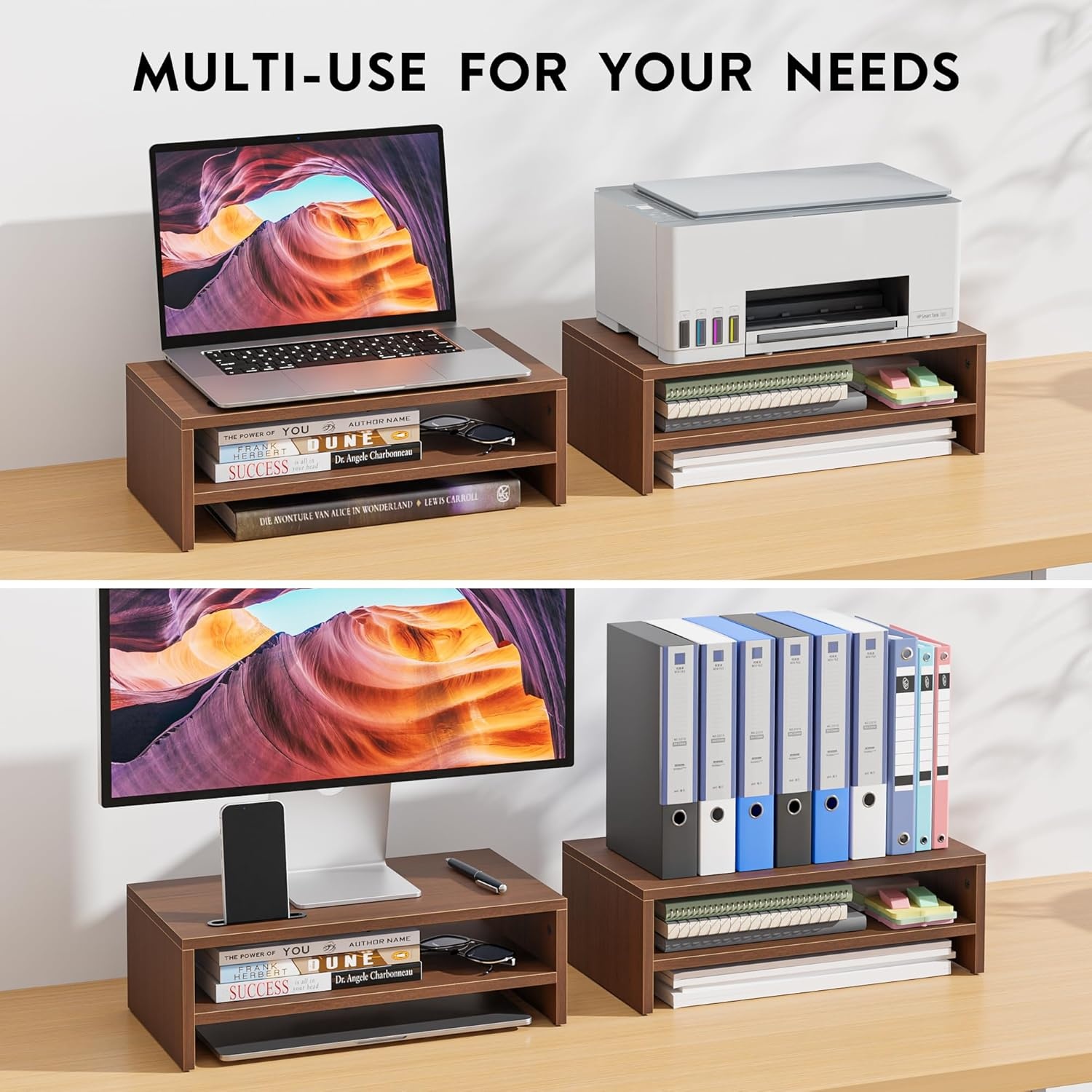 image:imageBONTEC Wood Monitor Stand Riser 2Tier Desktop Organizer with Storage Ergonomic Computer Stand for Desk Cable Management Cellphone Holder 213 Inch Shelf BlackWalnut