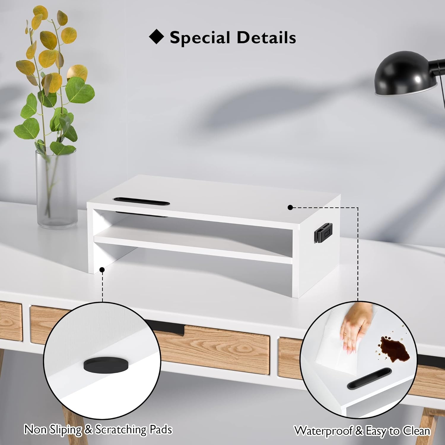image:imageBONTEC Wood Monitor Stand Riser 2Tier Desktop Organizer with Storage Ergonomic Computer Stand for Desk Cable Management Cellphone Holder 213 Inch Shelf BlackWhite