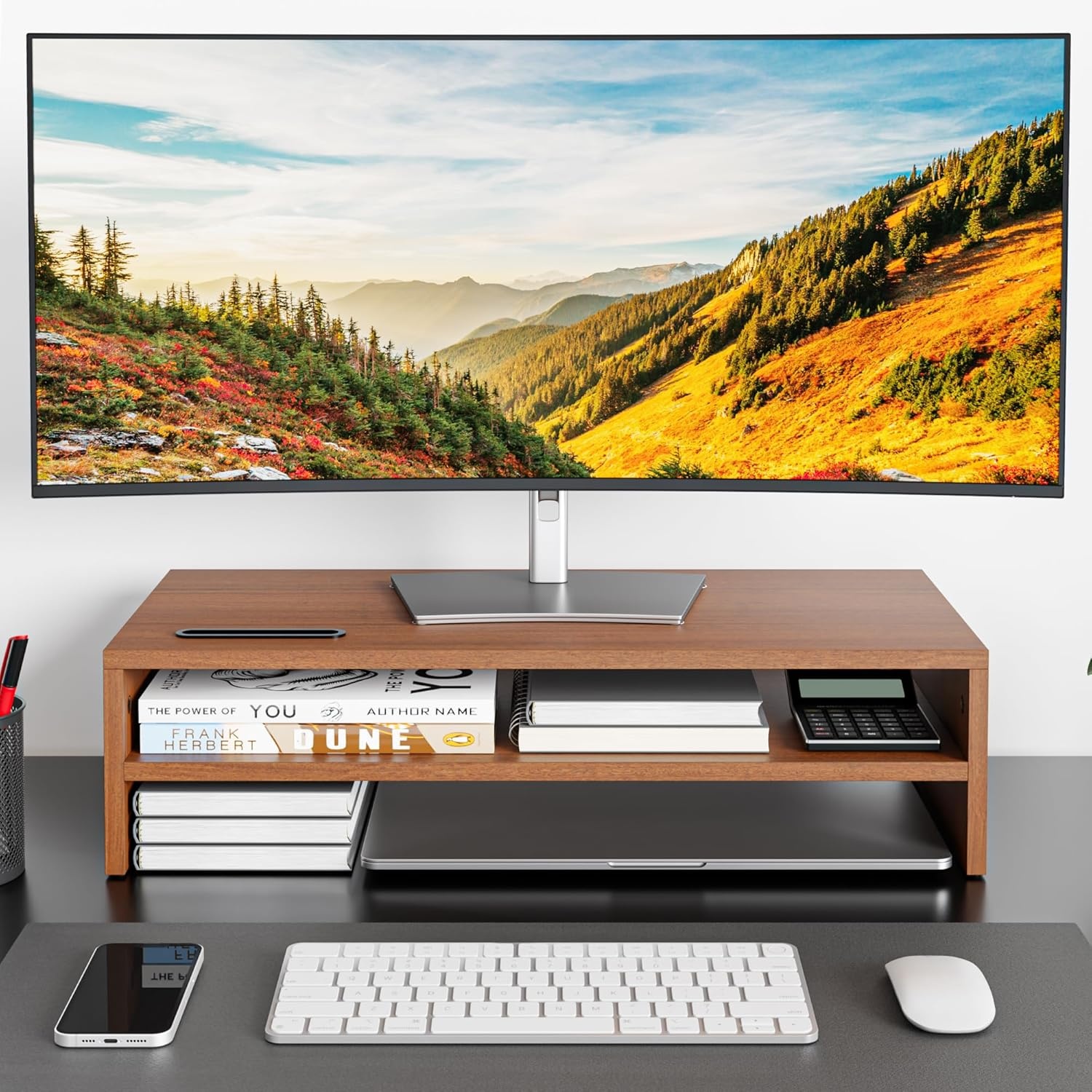image:imageBONTEC Wood Monitor Stand Riser 2Tier Desktop Organizer with Storage Ergonomic Computer Stand for Desk Cable Management Cellphone Holder 213 Inch Shelf BlackWalnut