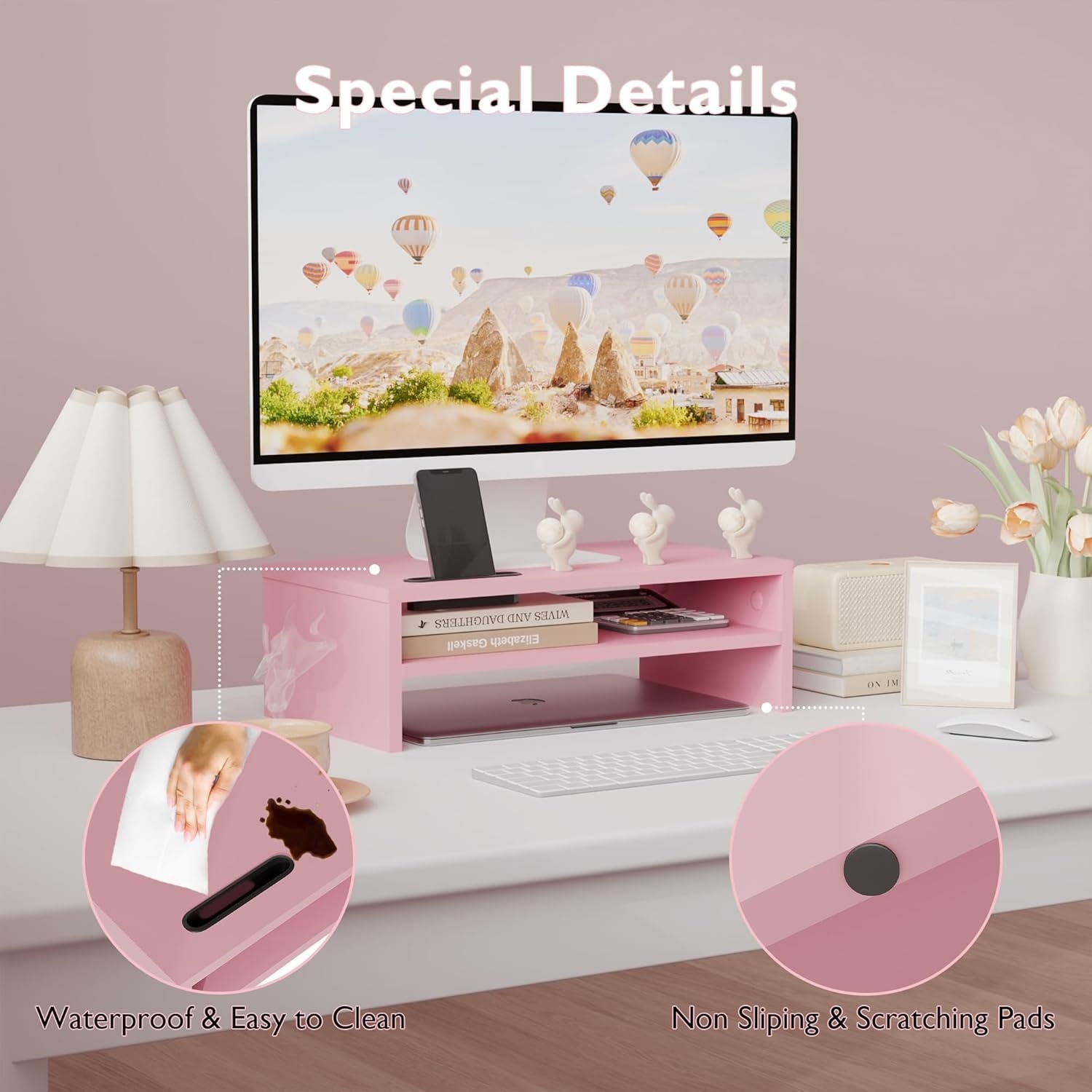 image:imageBONTEC Wood Monitor Stand Riser 2Tier Desktop Organizer with Storage Ergonomic Computer Stand for Desk Cable Management Cellphone Holder 213 Inch Shelf BlackPink