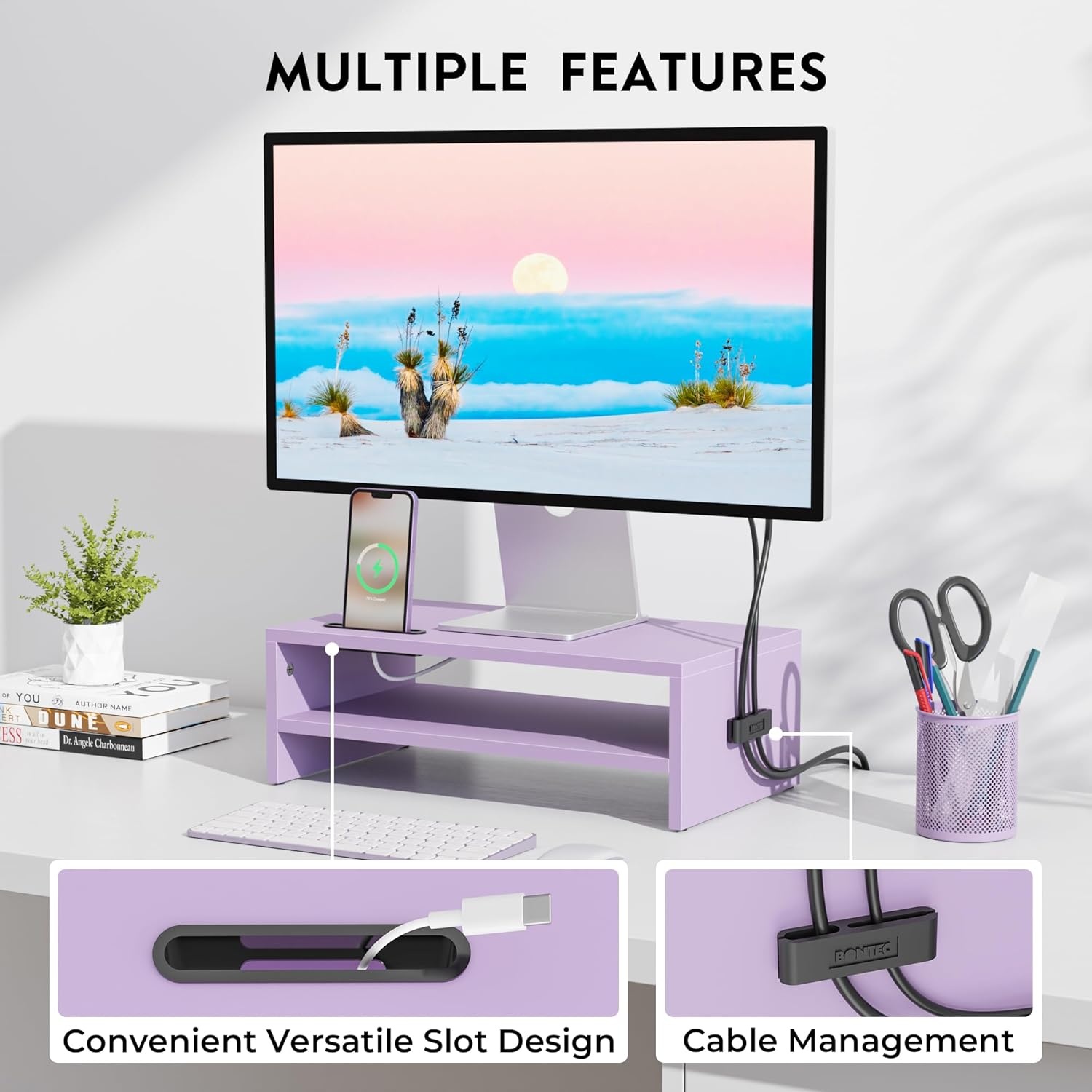 image:imageBONTEC Wood Monitor Stand Riser 2Tier Desktop Organizer with Storage Ergonomic Computer Stand for Desk Cable Management Cellphone Holder 213 Inch Shelf BlackPURPLE