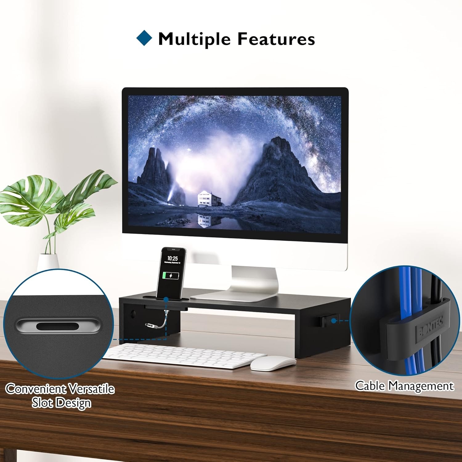 image:imageBONTEC Wood Monitor Stand Riser 2Tier Desktop Organizer with Storage Ergonomic Computer Stand for Desk Cable Management Cellphone Holder 213 Inch Shelf Blackblack