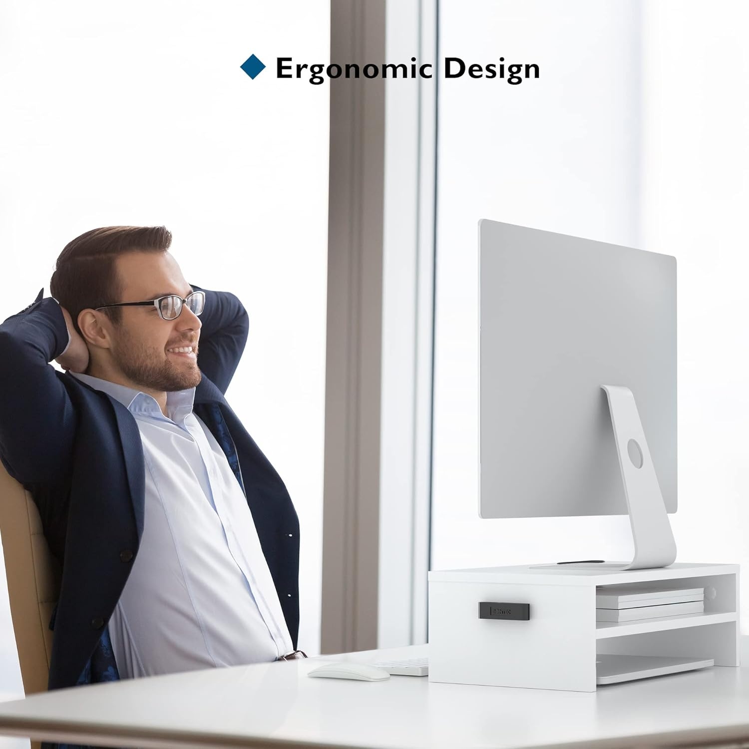 image:imageBONTEC Wood Monitor Stand Riser 2Tier Desktop Organizer with Storage Ergonomic Computer Stand for Desk Cable Management Cellphone Holder 213 Inch Shelf BlackWhite