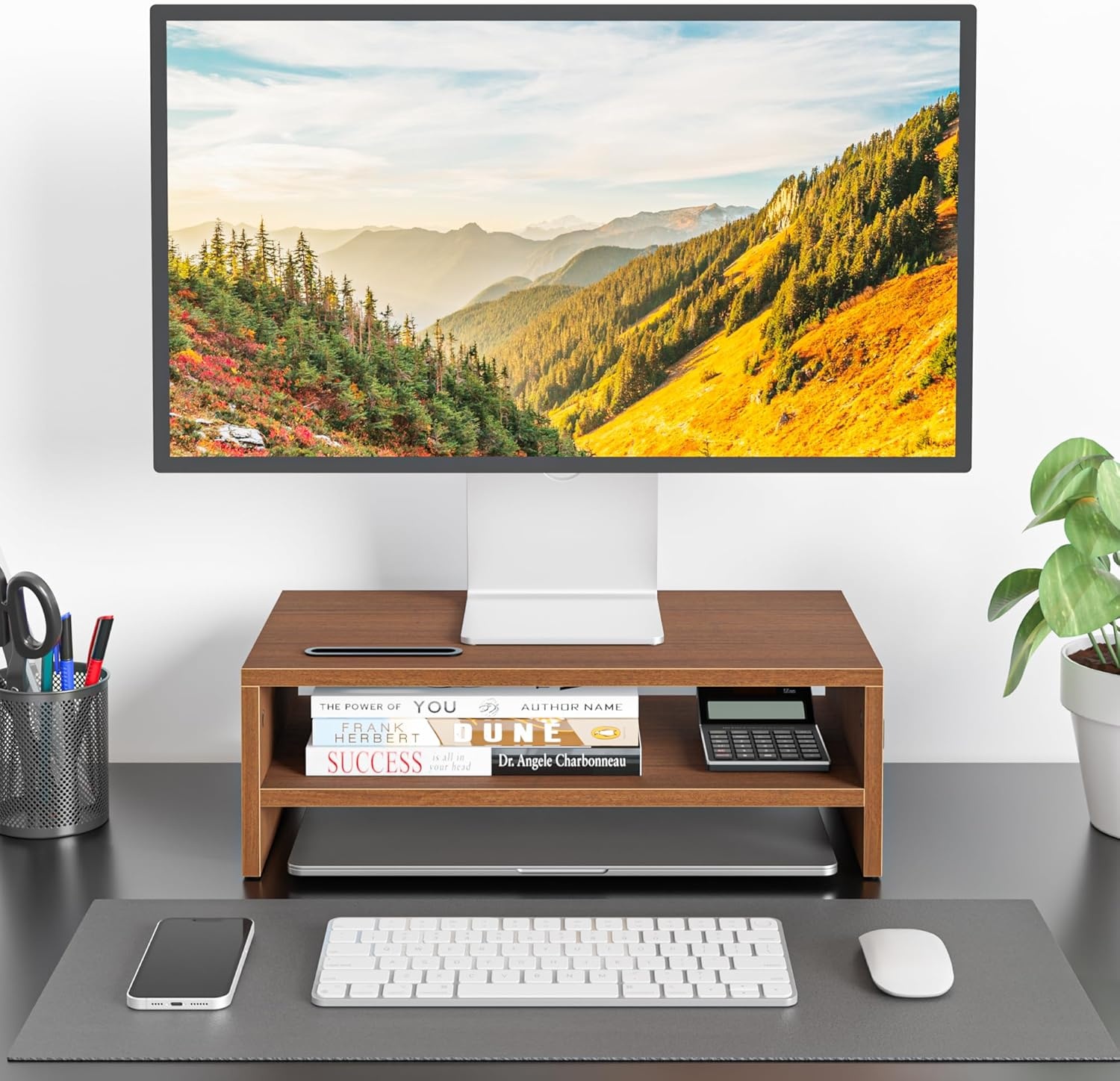image:imageBONTEC Wood Monitor Stand Riser 2Tier Desktop Organizer with Storage Ergonomic Computer Stand for Desk Cable Management Cellphone Holder 213 Inch Shelf BlackWalnut