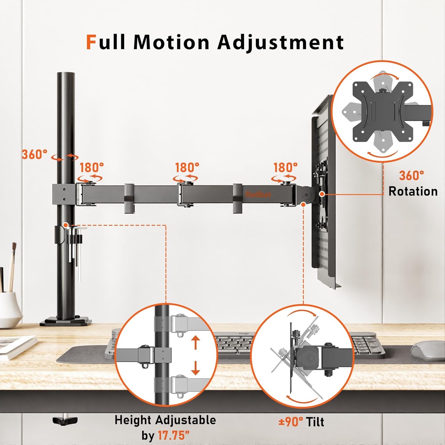 image:imageRedbat Monitor and Laptop Mount Stand Fully Adjustable Monitor Arm with Vented Tray for 13 to 32 LCD Screens and Notebook up to 16 Holds up to 22lbs VESA Compatible Dual Mounting OptionsSingle