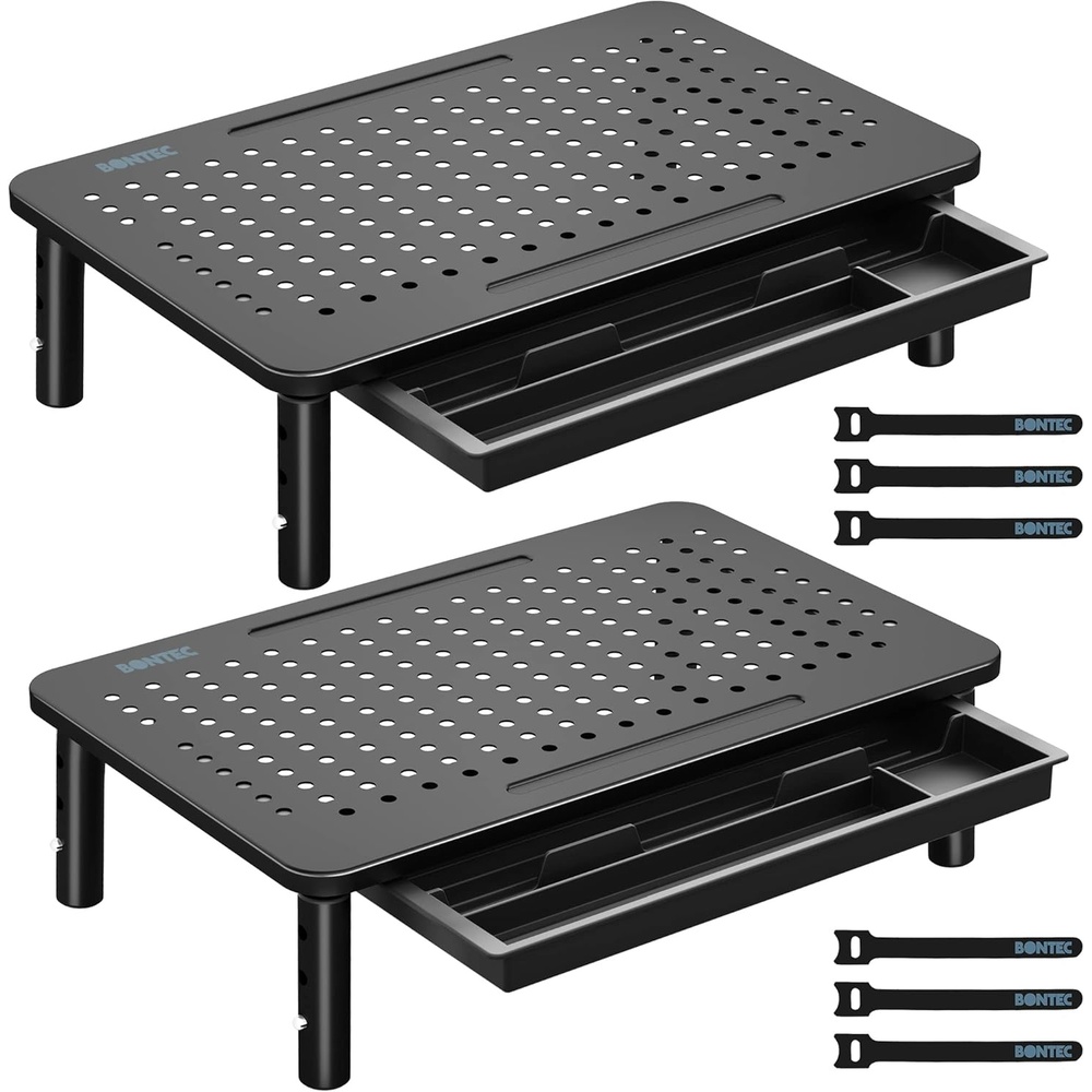 image:imageBONTEC 2 Pack Adjustable Monitor Stand Riser with Drawer Ergonomic Mesh Platform Computer Monitor Stand for Desk Ventilated Laptop and PC Stand with Cable Management Supports up to 44lbs2P
