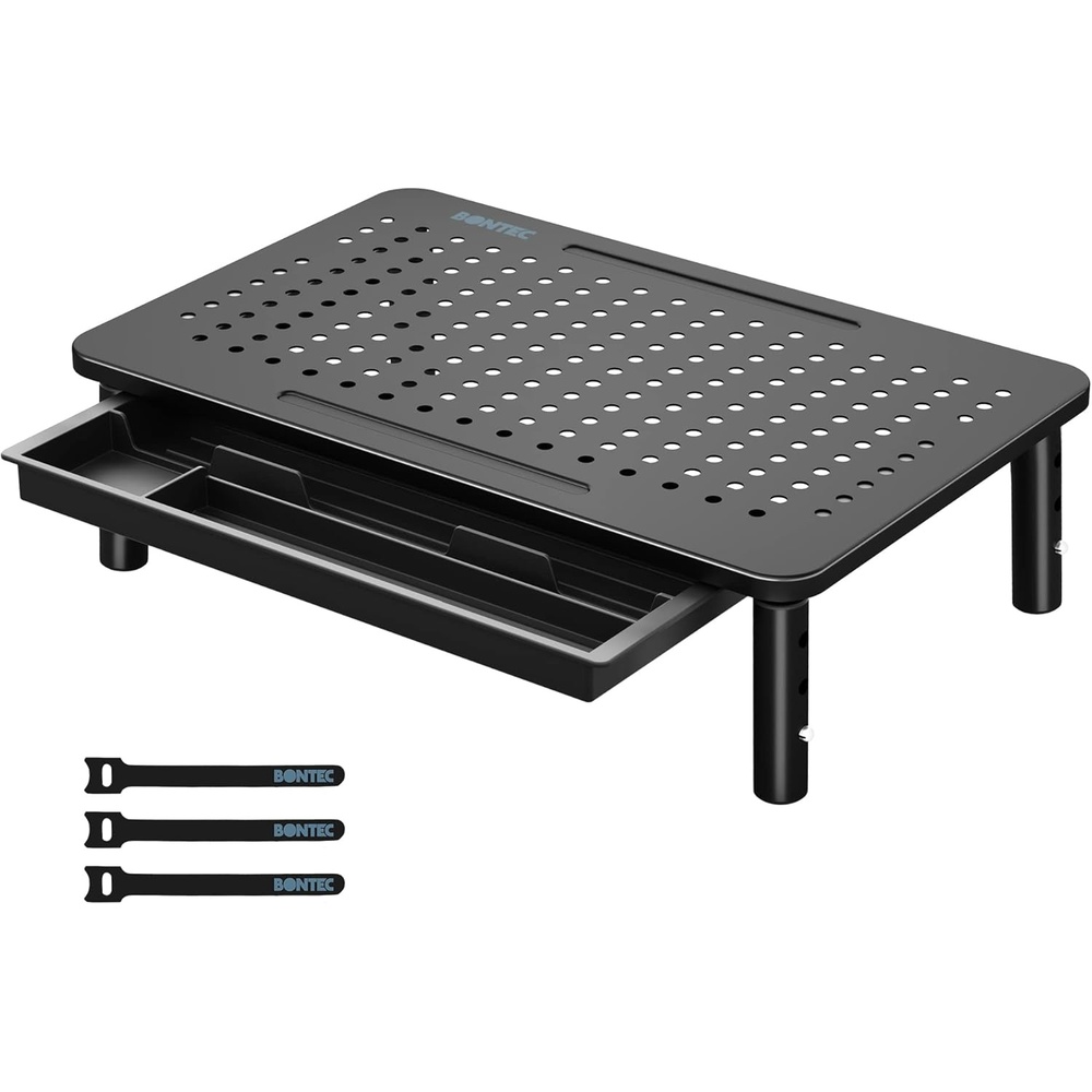 image:imageBONTEC 2 Pack Adjustable Monitor Stand Riser with Drawer Ergonomic Mesh Platform Computer Monitor Stand for Desk Ventilated Laptop and PC Stand with Cable Management Supports up to 44lbs1P
