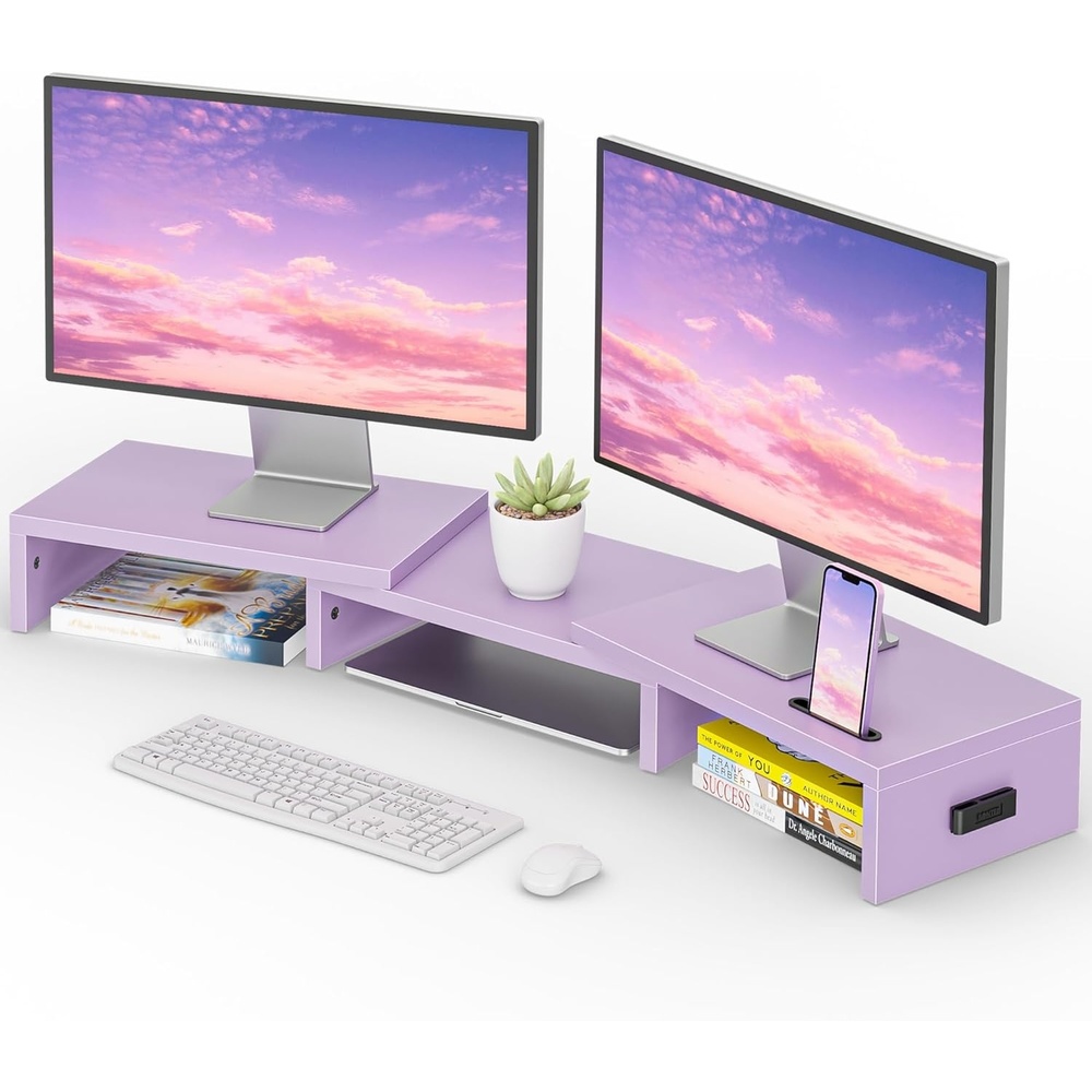 image:imageBONTEC Dual Monitor Stand Riser with Smartphone Holder Adjustable Length amp Swivel Angle Ergonomic Wooden Desktop Organizer for PC Monitor Laptop Printer Large Storage PinkPurple