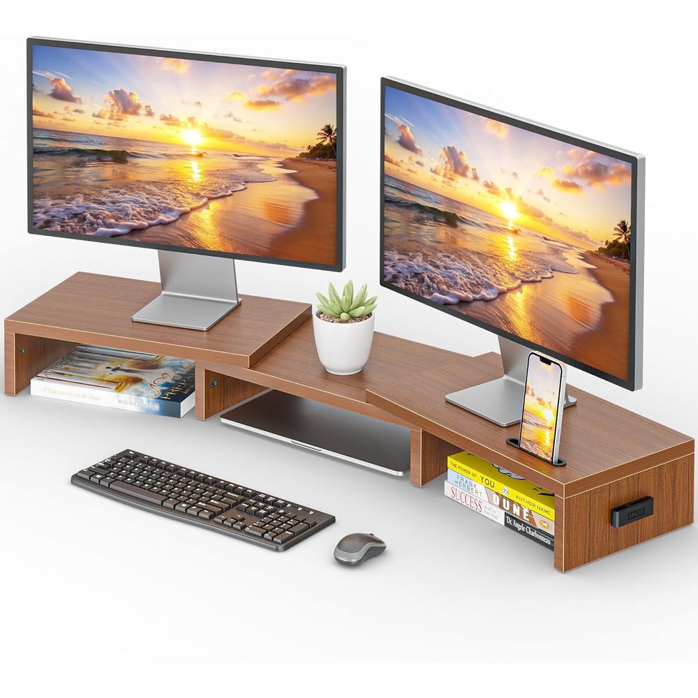 image:imageBONTEC Dual Monitor Stand Riser with Smartphone Holder Adjustable Length amp Swivel Angle Ergonomic Wooden Desktop Organizer for PC Monitor Laptop Printer Large Storage PinkWalnut