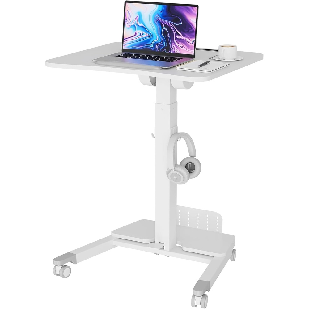 image:imageBONTEC Mobile Standing Desk Adjustable Height Rolling Laptop Cart with Hook Portable Workstation with Pneumatic Lift Ergonomic Table with Wheels Compact Home Office Desk Black 256 x 177White