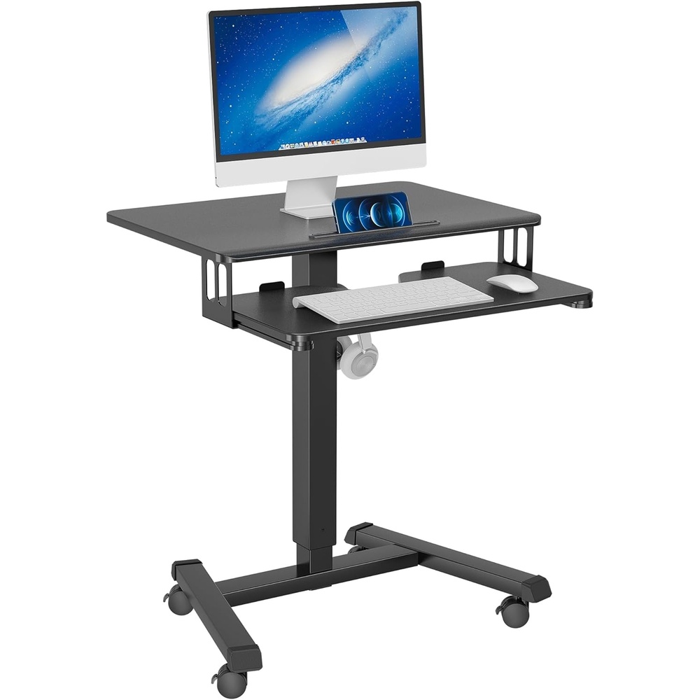 image:imageBONTEC Mobile Standing Desk with Keyboard Tray Mobile Podium Rolling Laptop Sit Stand Desk on Wheels Adjustable Height Desk Up to 33lbs Portable Computer Workstation Cart for Living Room OfficeBlack
