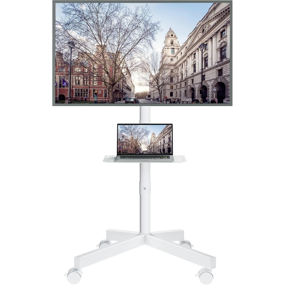 image:imageBONTEC Rolling TV Stand with Tilt Mobile TV Stand Wheels for 2365 Inch TVs Portable Outdoor TV Cart with Adjustable Shelf for Living Room Bedroom Holds 88 lbs Max VESA 400x400mm WhiteWhite