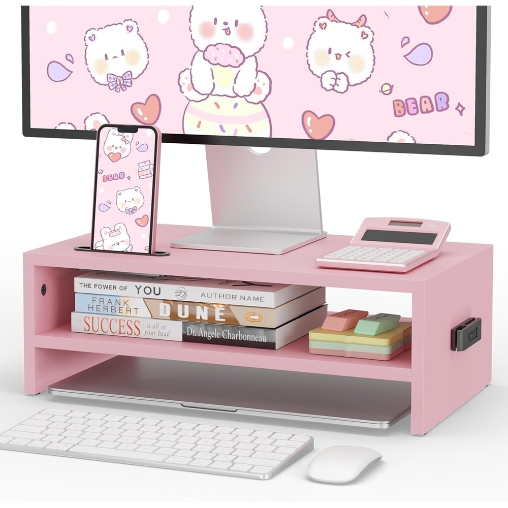 image:imageBONTEC Wood Monitor Stand Riser 2Tier Desktop Organizer with Storage Ergonomic Computer Stand for Desk Cable Management Cellphone Holder 213 Inch Shelf BlackPink