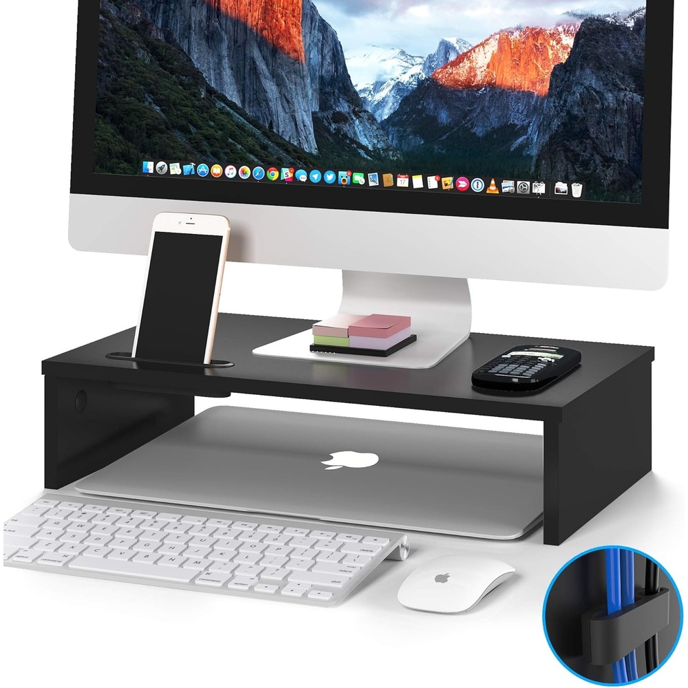 image:imageBONTEC Wood Monitor Stand Riser 2Tier Desktop Organizer with Storage Ergonomic Computer Stand for Desk Cable Management Cellphone Holder 213 Inch Shelf Blackblack
