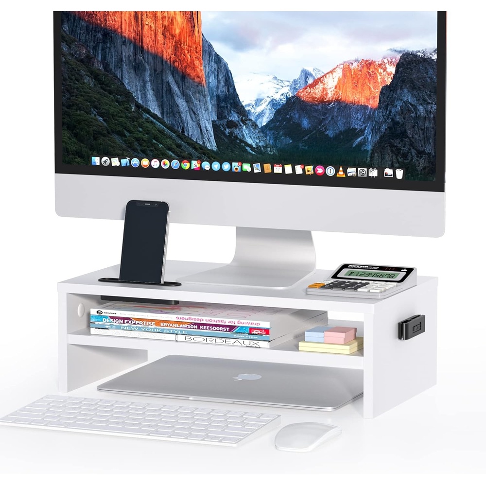 image:imageBONTEC Wood Monitor Stand Riser 2Tier Desktop Organizer with Storage Ergonomic Computer Stand for Desk Cable Management Cellphone Holder 213 Inch Shelf BlackWhite