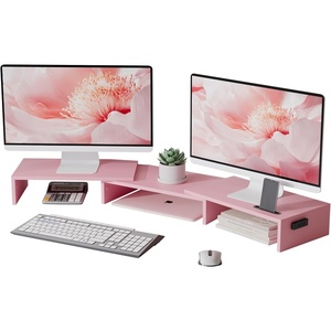 image:imageBONTEC Dual Monitor Stand Riser with Smartphone Holder Adjustable Length amp Swivel Angle Ergonomic Wooden Desktop Organizer for PC Monitor Laptop Printer Large Storage PinkPink