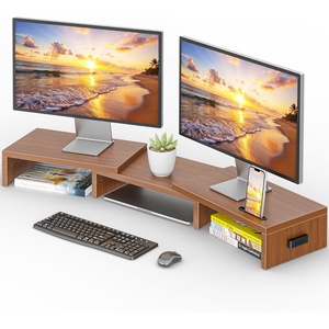 image:imageBONTEC Dual Monitor Stand Riser with Smartphone Holder Adjustable Length amp Swivel Angle Ergonomic Wooden Desktop Organizer for PC Monitor Laptop Printer Large Storage PinkWalnut
